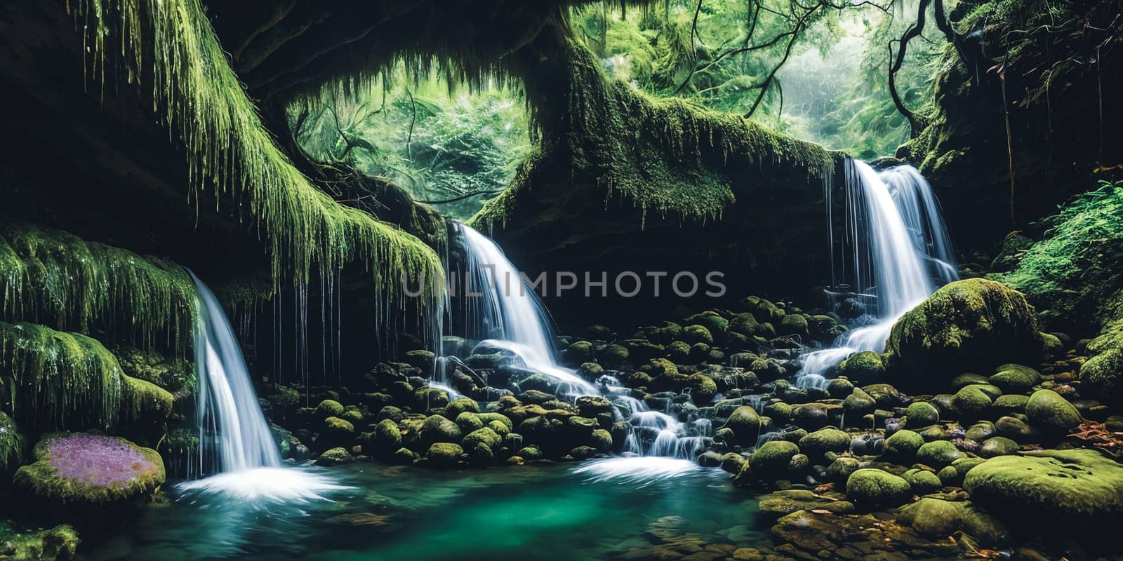 Enchanted Waterfall. A waterfall cascades down moss-covered rocks, revealing a secret grotto behind its veil. Crystal-clear water sparkles with hints of magic, and colorful flowers bloom along the banks.