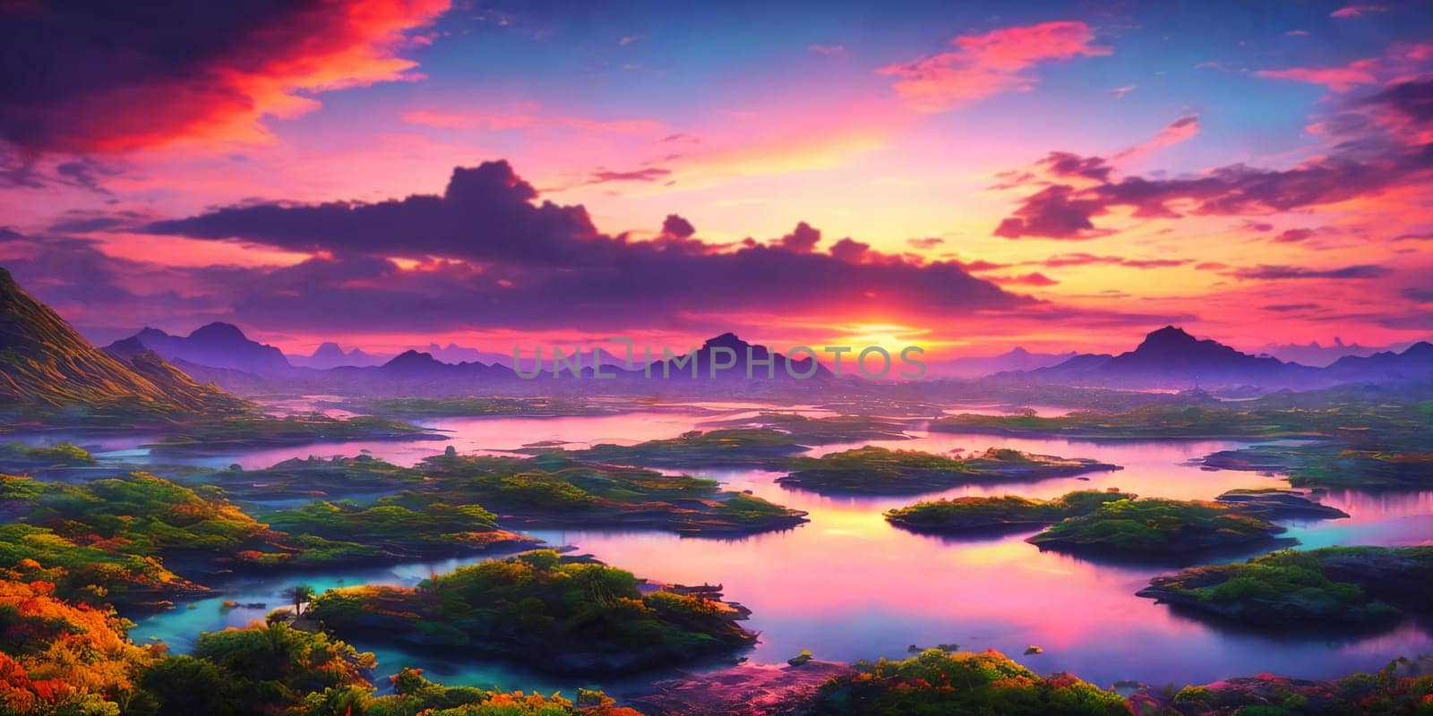 Sunset paints the sky in hues of pink and blue over a tranquil sea, palm trees lining the shore on Paradise fantasy planet.