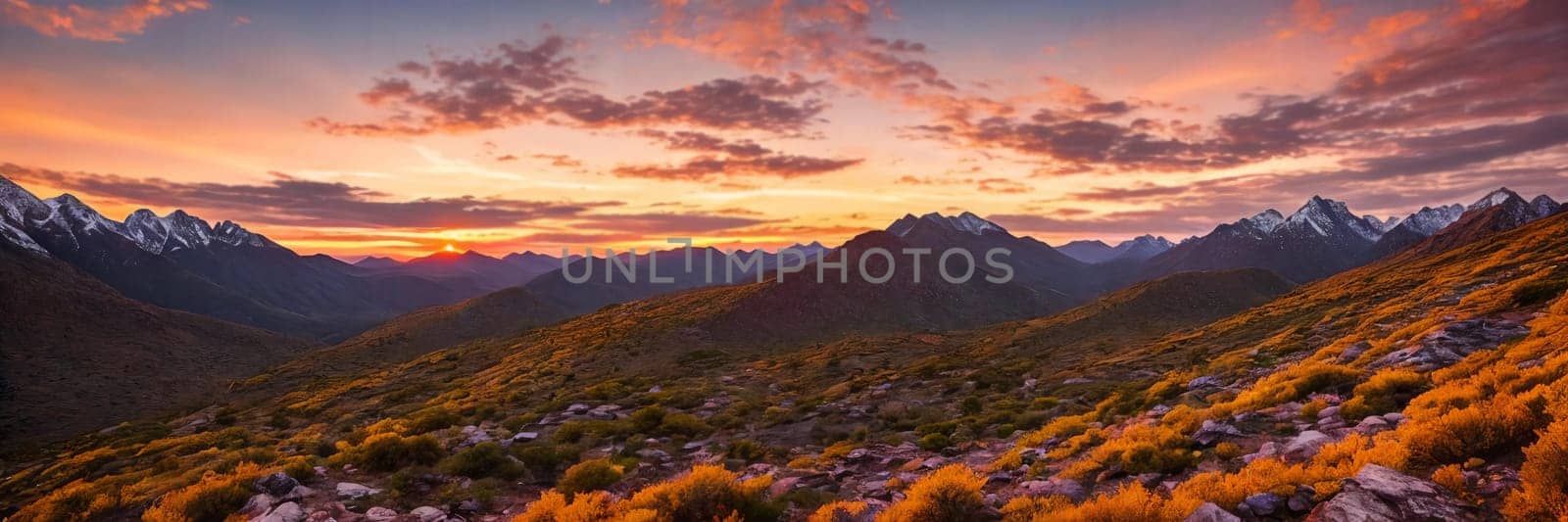 Rugged beauty of a mountain range at golden hour, with the sun setting in the background painting the sky in hues of orange and pink