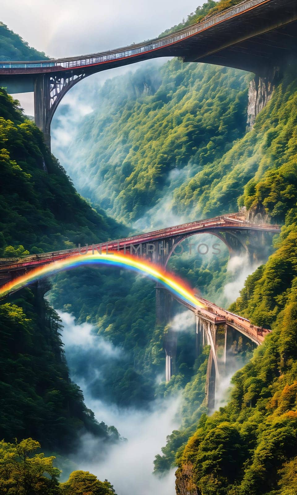 Rainbow Bridge. Arching across a misty gorge, a rainbow bridge connects two worlds. Its colors shift with the light, and travelers-human or magical, cross between realms. The bridge's ephemeral beauty.