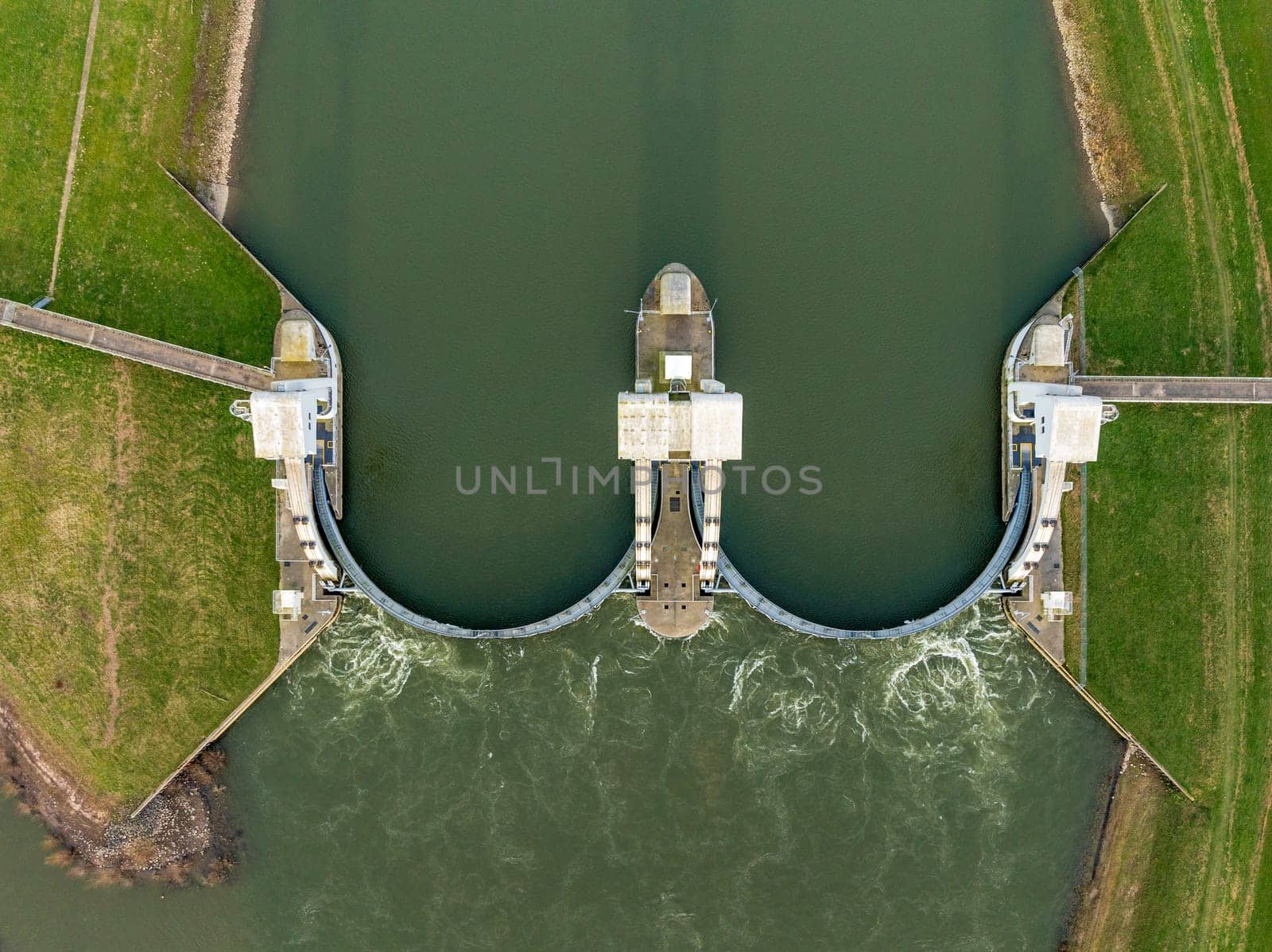 Aerial view of the Driel Weir in the Netherlands. It makes part of the weir complex Amerongen, consisting of locks, a weir and a fishway in the Rhine river (Nederrijn).