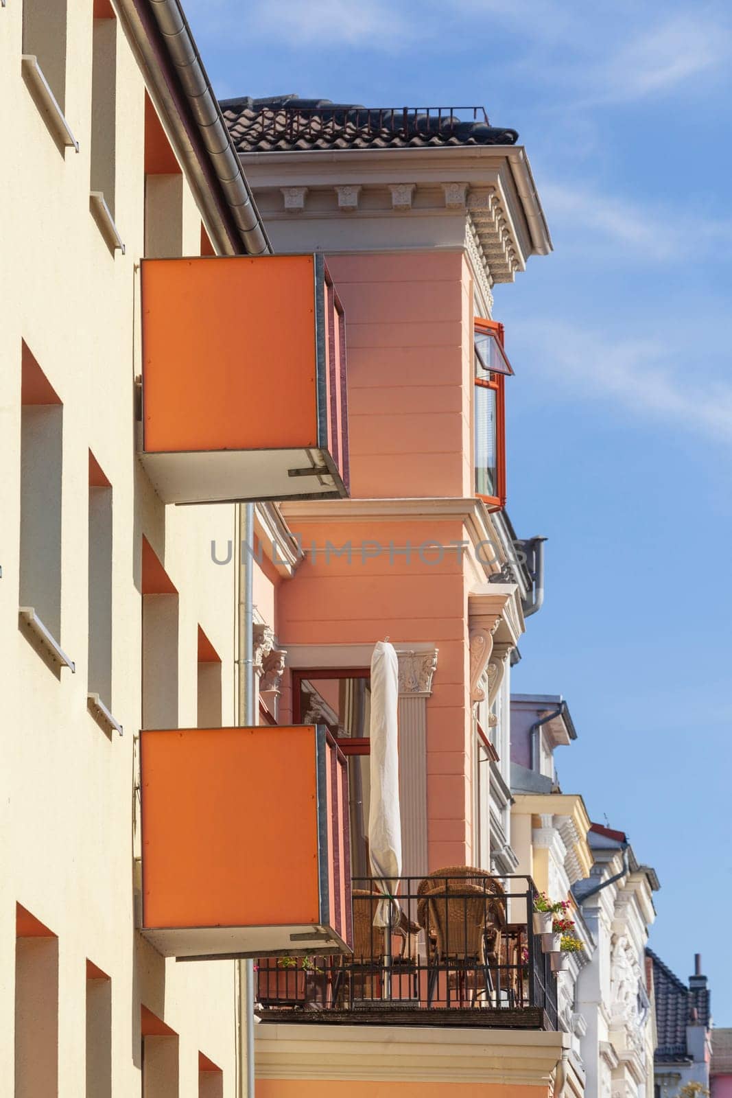 Balconies, terraced houses, residential buildings, Bremen, Germany