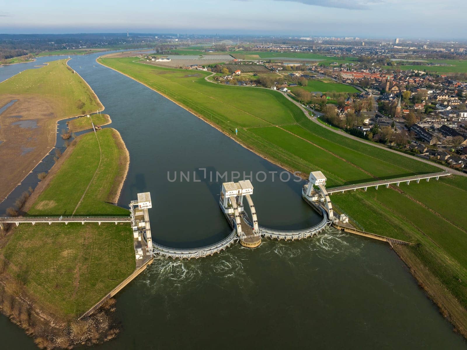 Aerial view of the Driel Weir in the Netherlands. It makes part of the weir complex Amerongen, consisting of locks, a weir and a fishway in the Rhine river (Nederrijn).