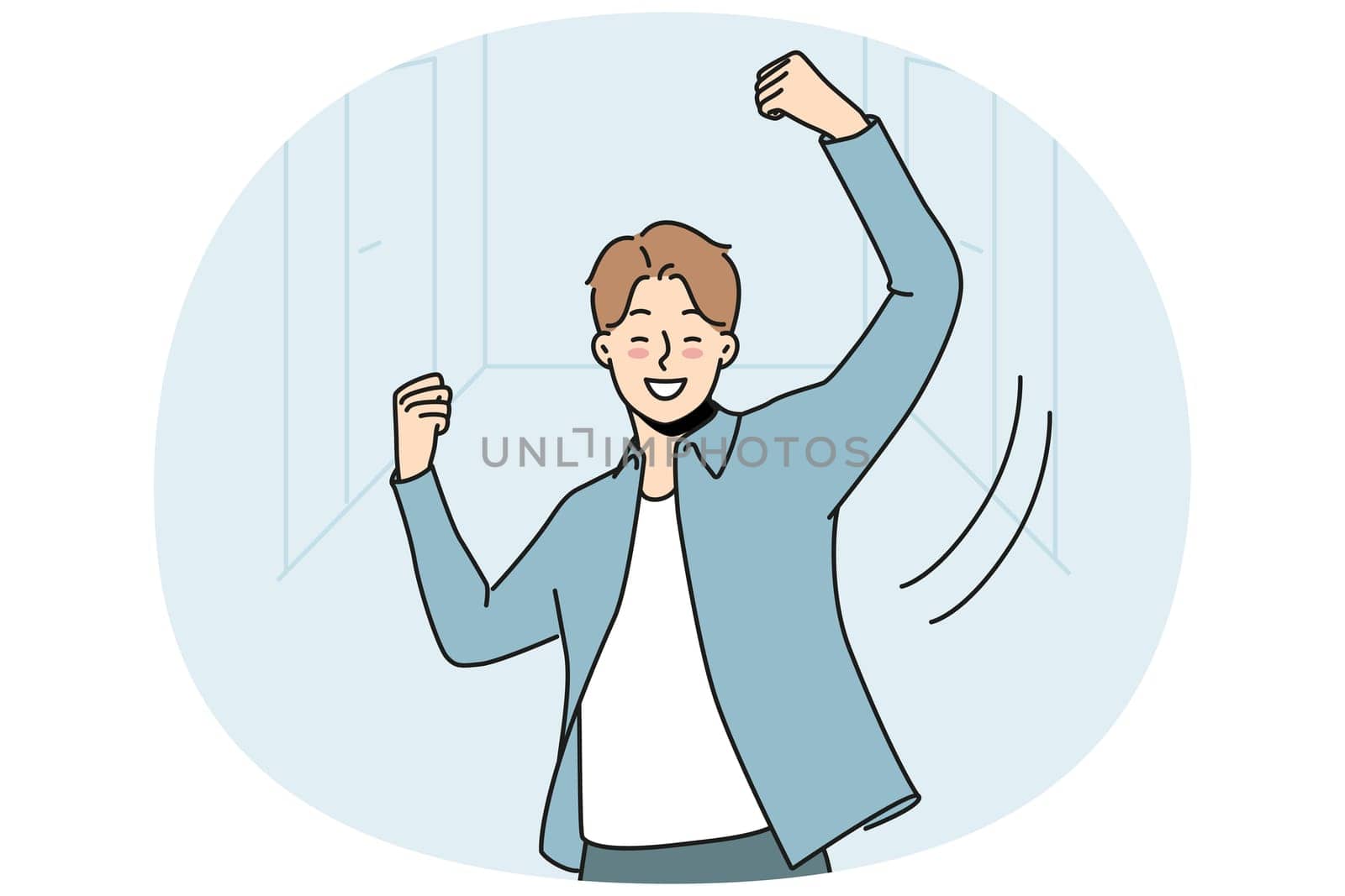 Overjoyed man dance celebrate success. Smiling male employee have fun enjoy win or victory in office. Achievement and reward. Vector illustration.