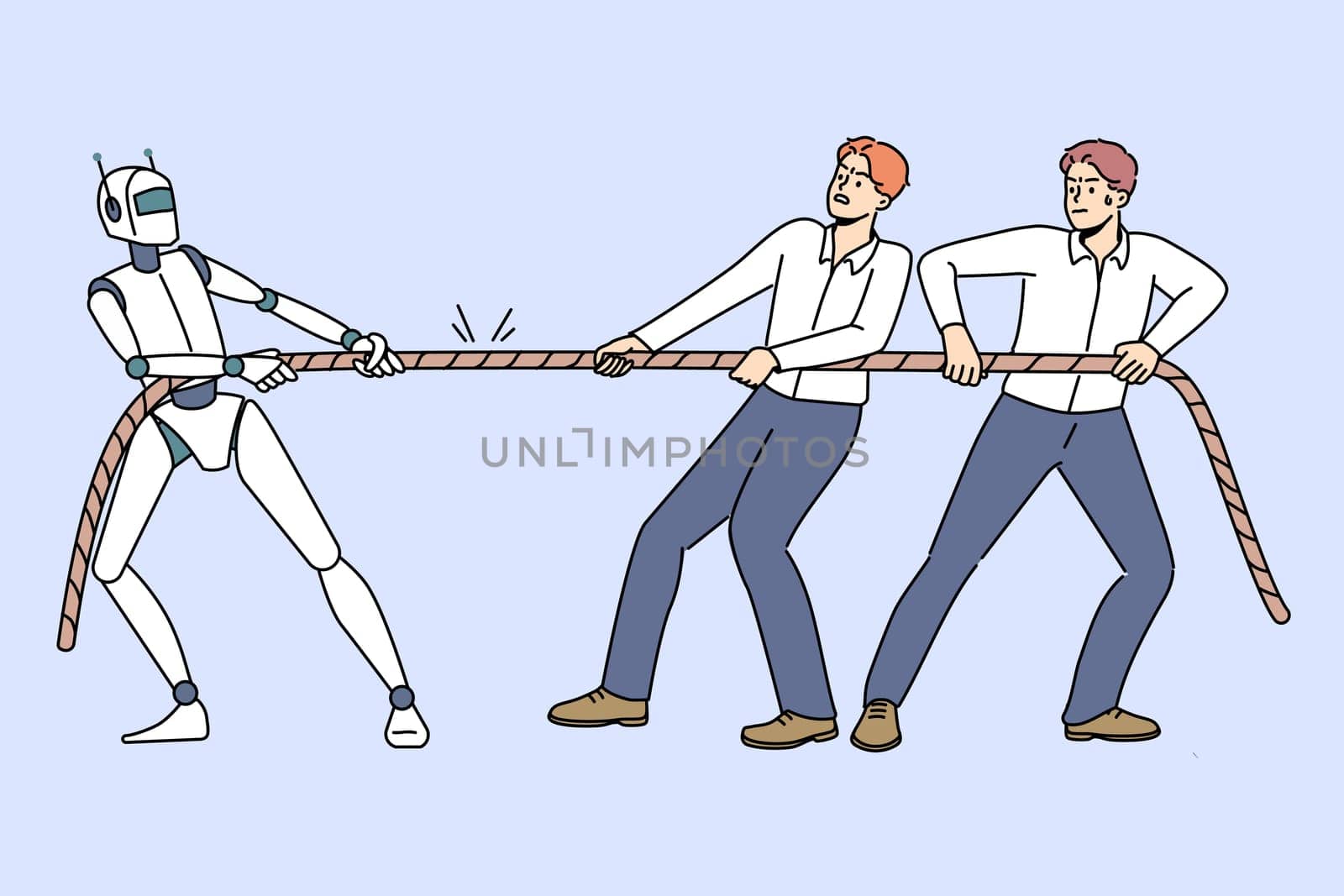 Competition peoples and robot in tug of war, as metaphor for struggle for job. Strong robot demonstrates superiority over office employees are unable to defeat technology and innovation in business.