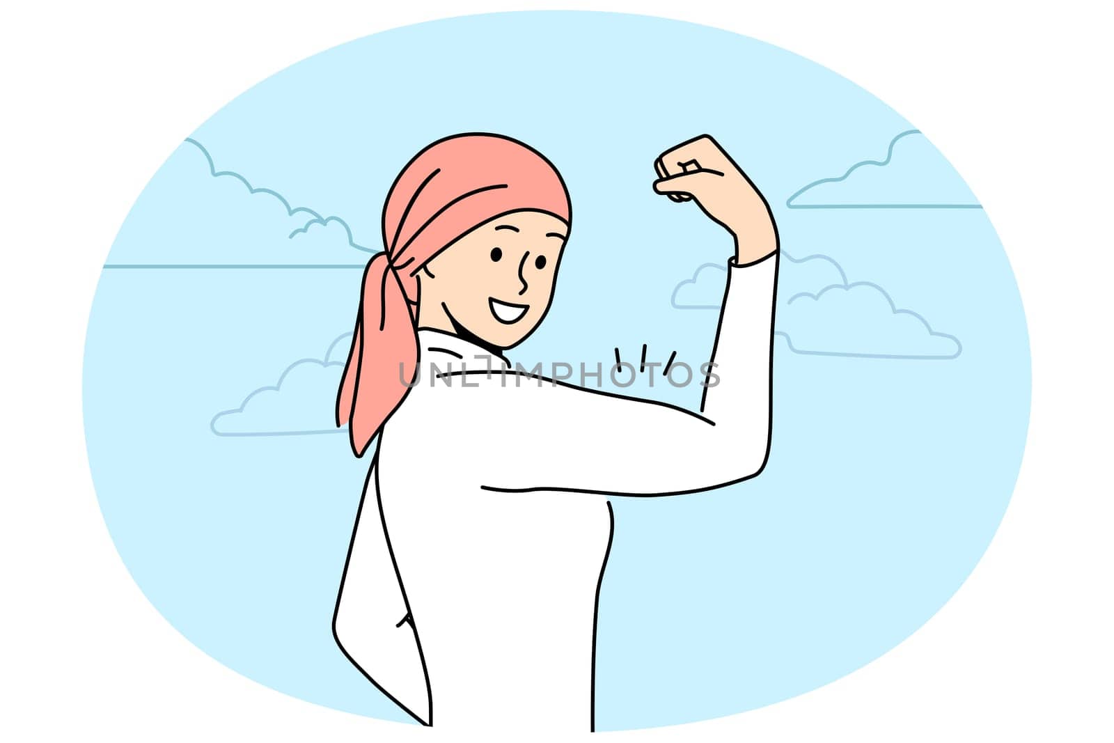 Smiling woman in pink scarf on head show muscles beating cancer. Happy healthy female with headwear overcome oncology. Vector illustration.