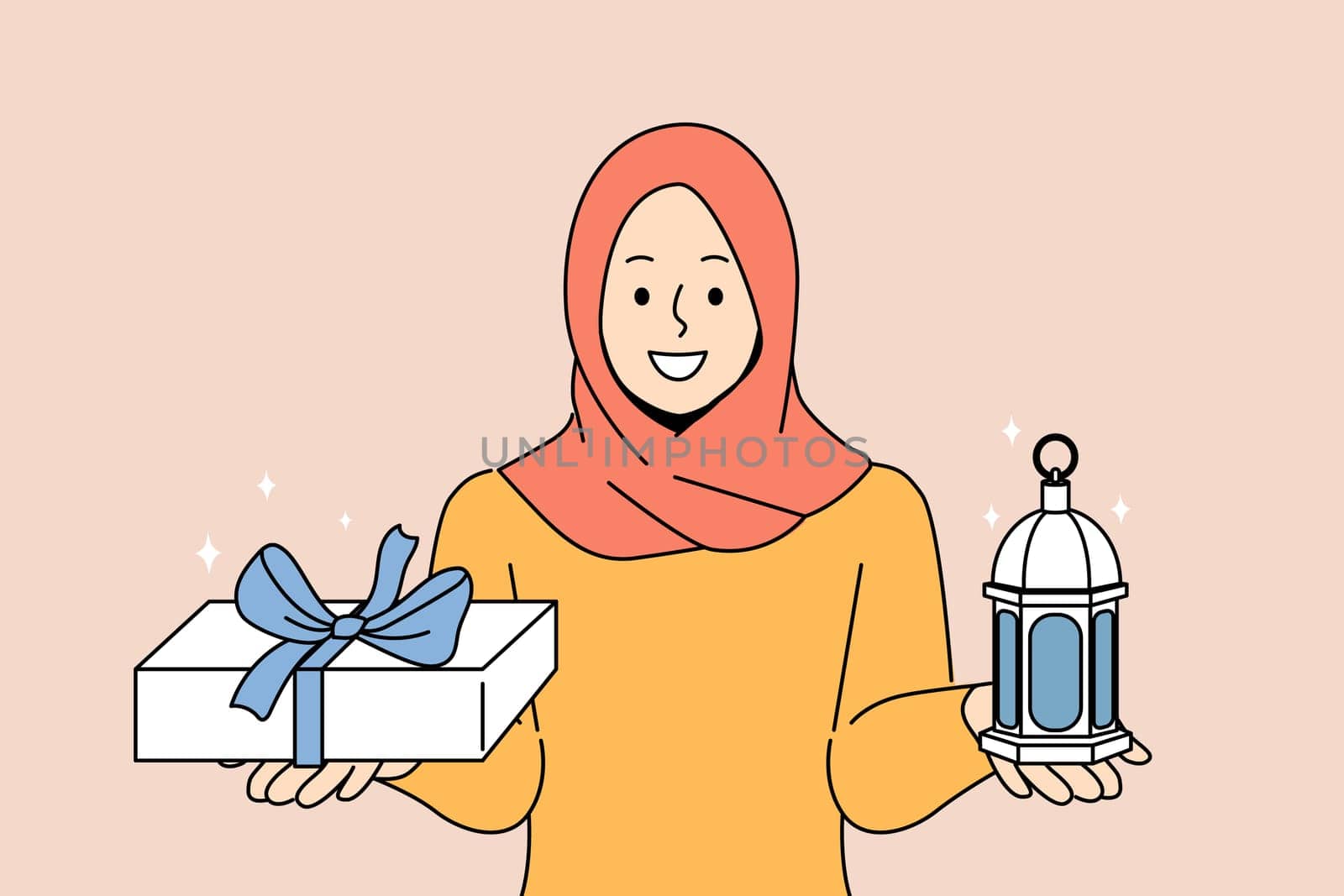 Muslim woman invites to celebrate ramadan, holy islamic holiday, holding gift box and lantern. Girl observes muslim traditions and customs gives gifts to loved ones during month of ramadan