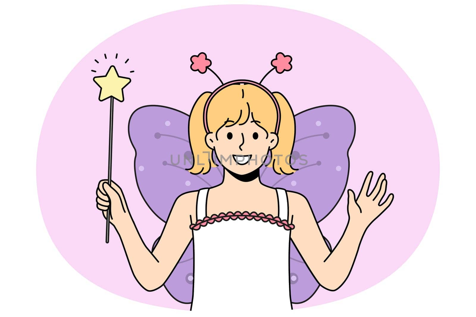 Smiling little girl in butterfly costume holding star fairy wand in hands. Happy kid in apparel for masquerade or party. Vector illustration.