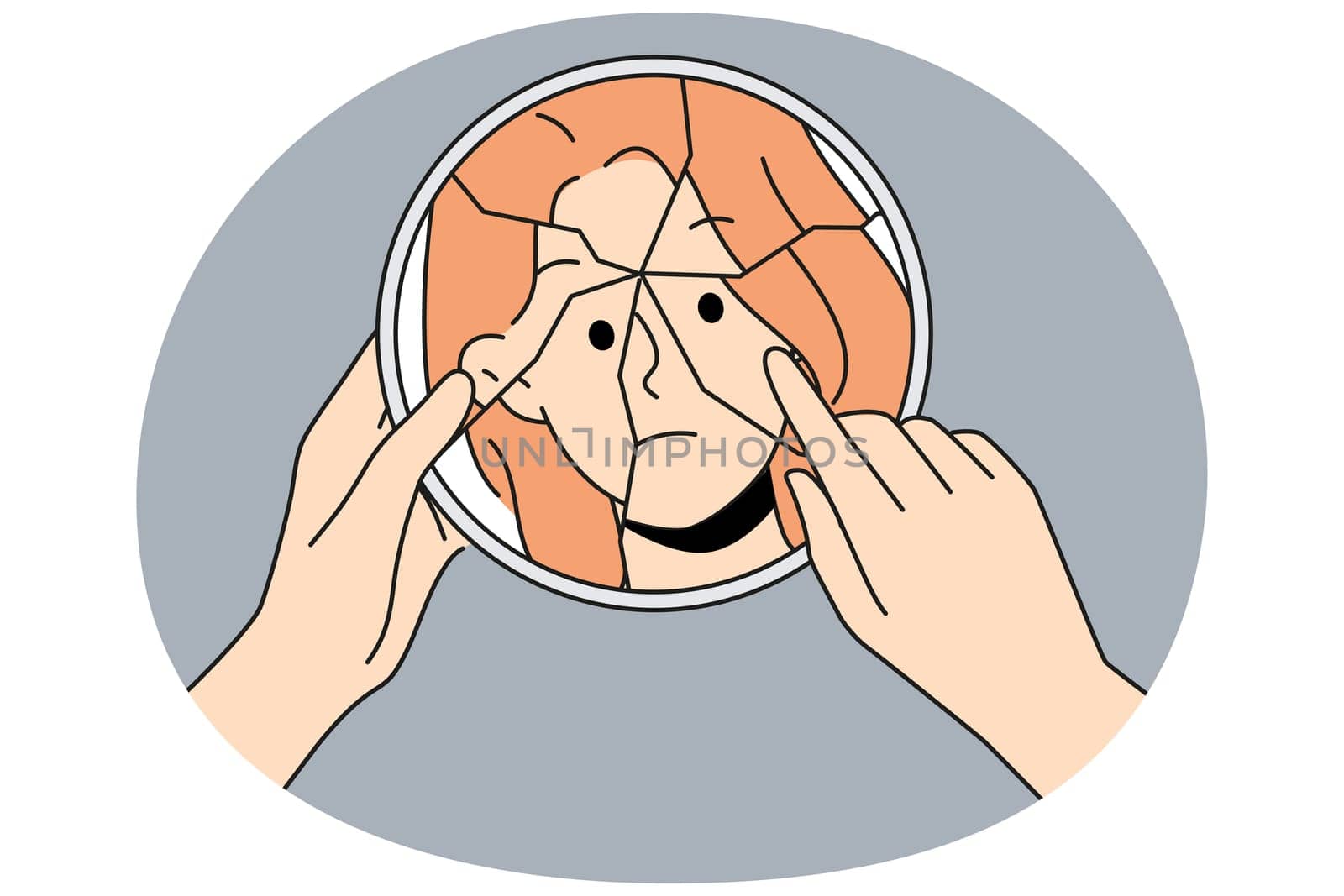 Woman look in broken mirror suffer from bipolar disorder. Unhappy girl struggle with personality disorder. Mental and psychological problems. Vector illustration.