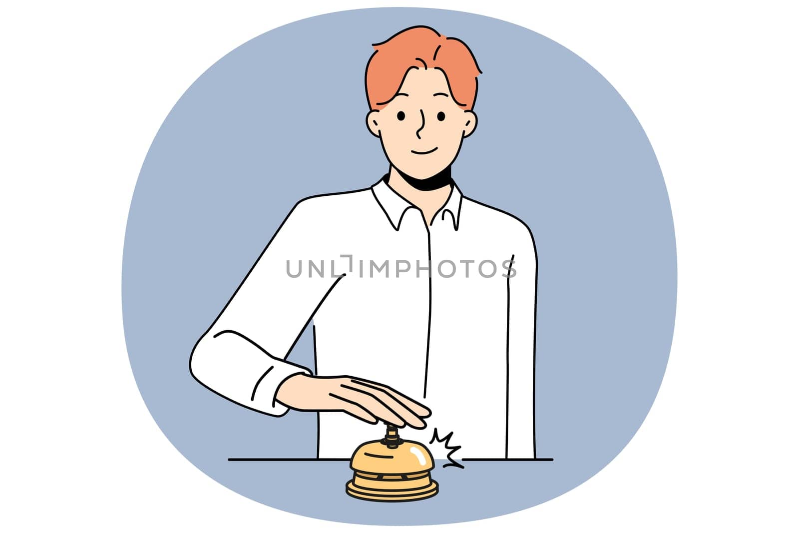 Smiling man ringing bell at hotel reception calling personnel. Happy male client or customer press ringer at administration counter. Vector illustration.