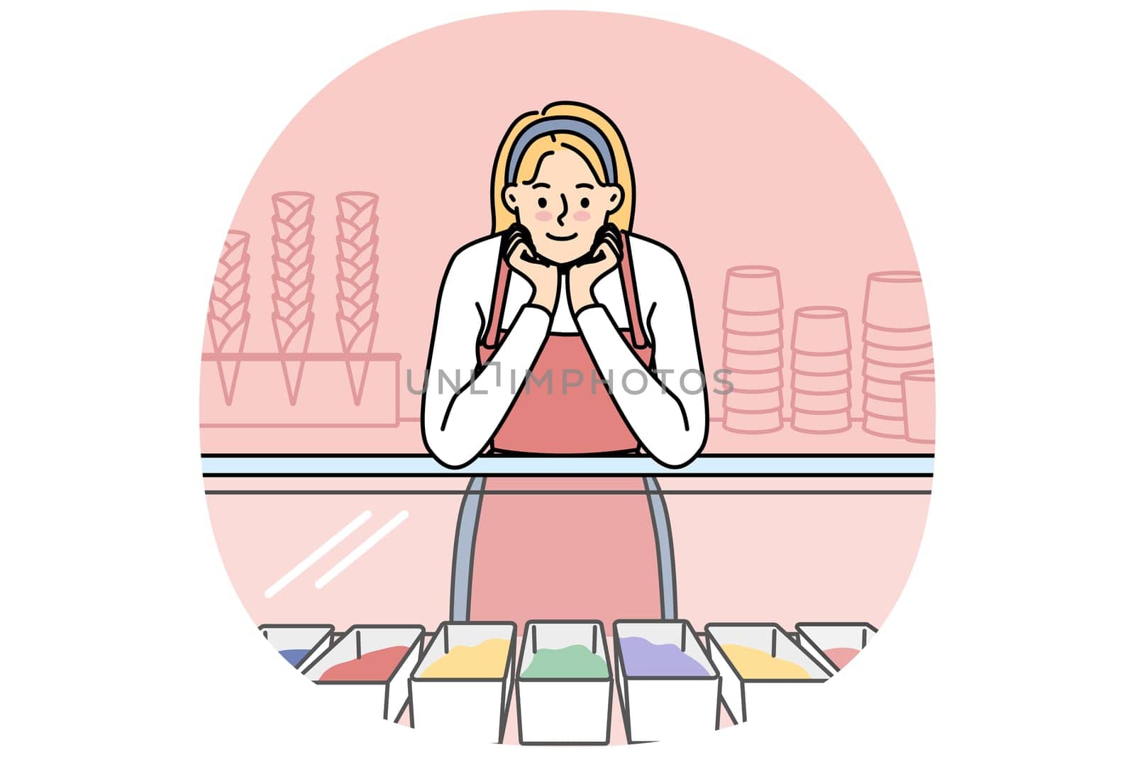 Smiling saleswoman standing near counter in ice cream shop. Happy female business owner selling gelato in cafe. Vector illustration.