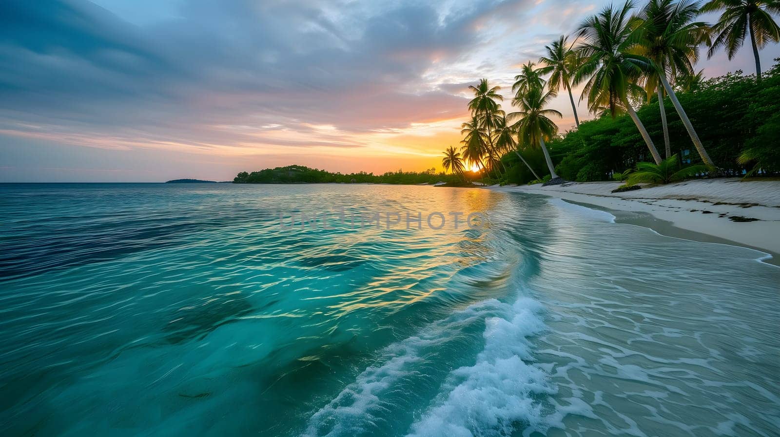 tropical beach view at sunset or sunrise with white sand, turquoise water and palm trees. Neural network generated image. Not based on any actual scene or pattern.