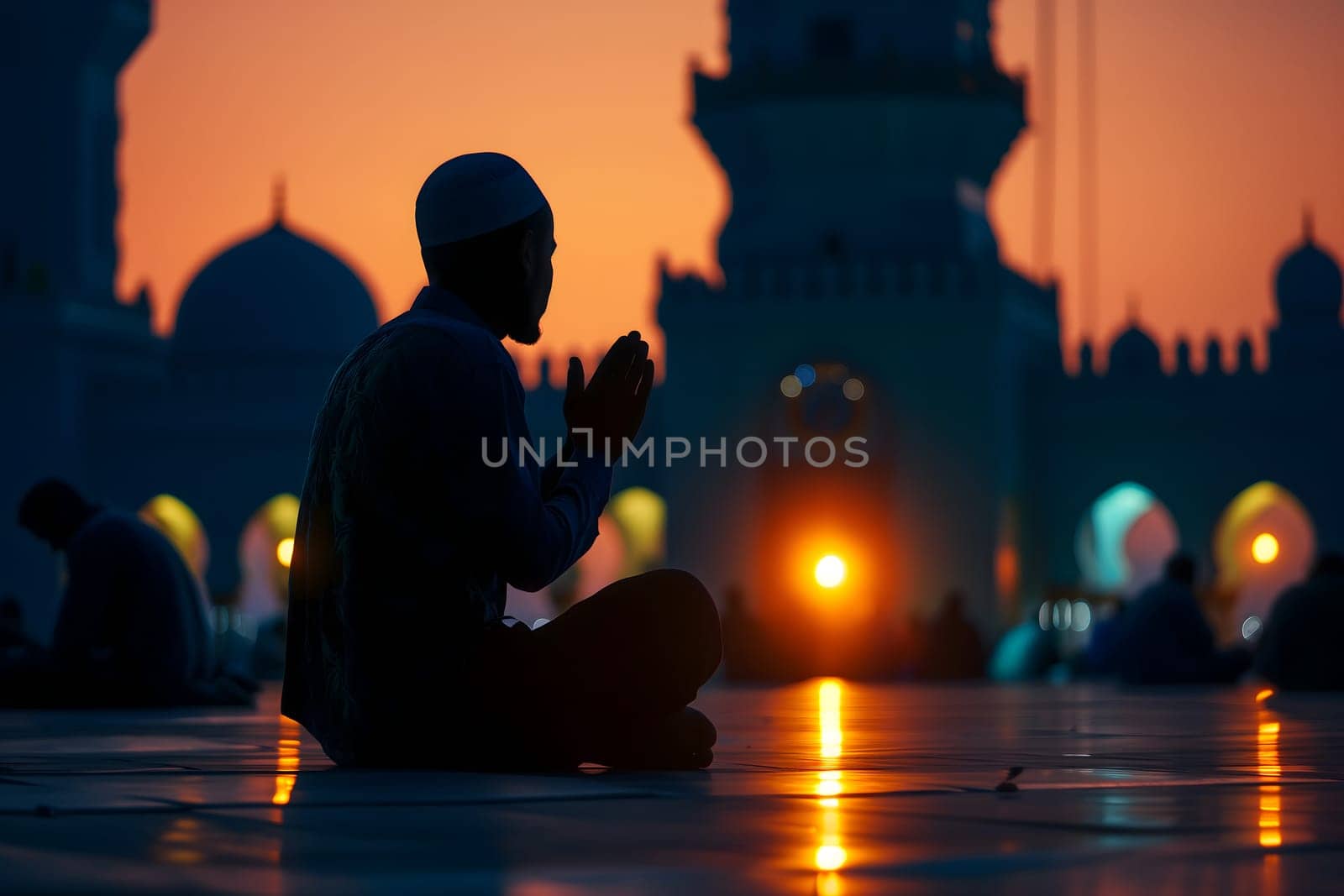 Senior Muslim prayer in white clothes sitting in front of mosque at Ramadan night with selective focus. Neural network generated in January 2024. Not based on any actual scene or pattern.