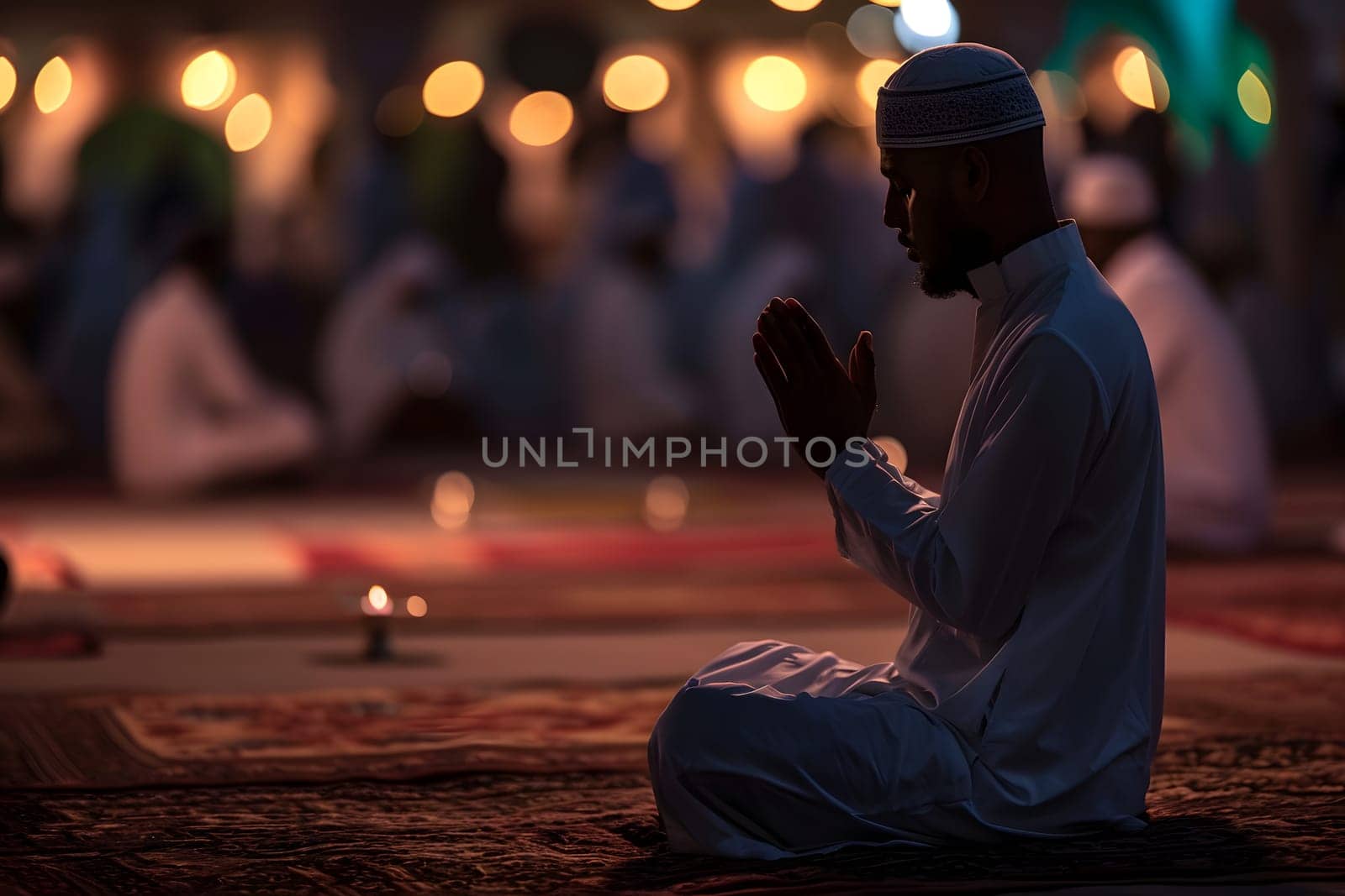 Senior Muslim prayer in white clothes sitting in front of mosque at Ramadan night with selective focus. Neural network generated in January 2024. Not based on any actual scene or pattern.