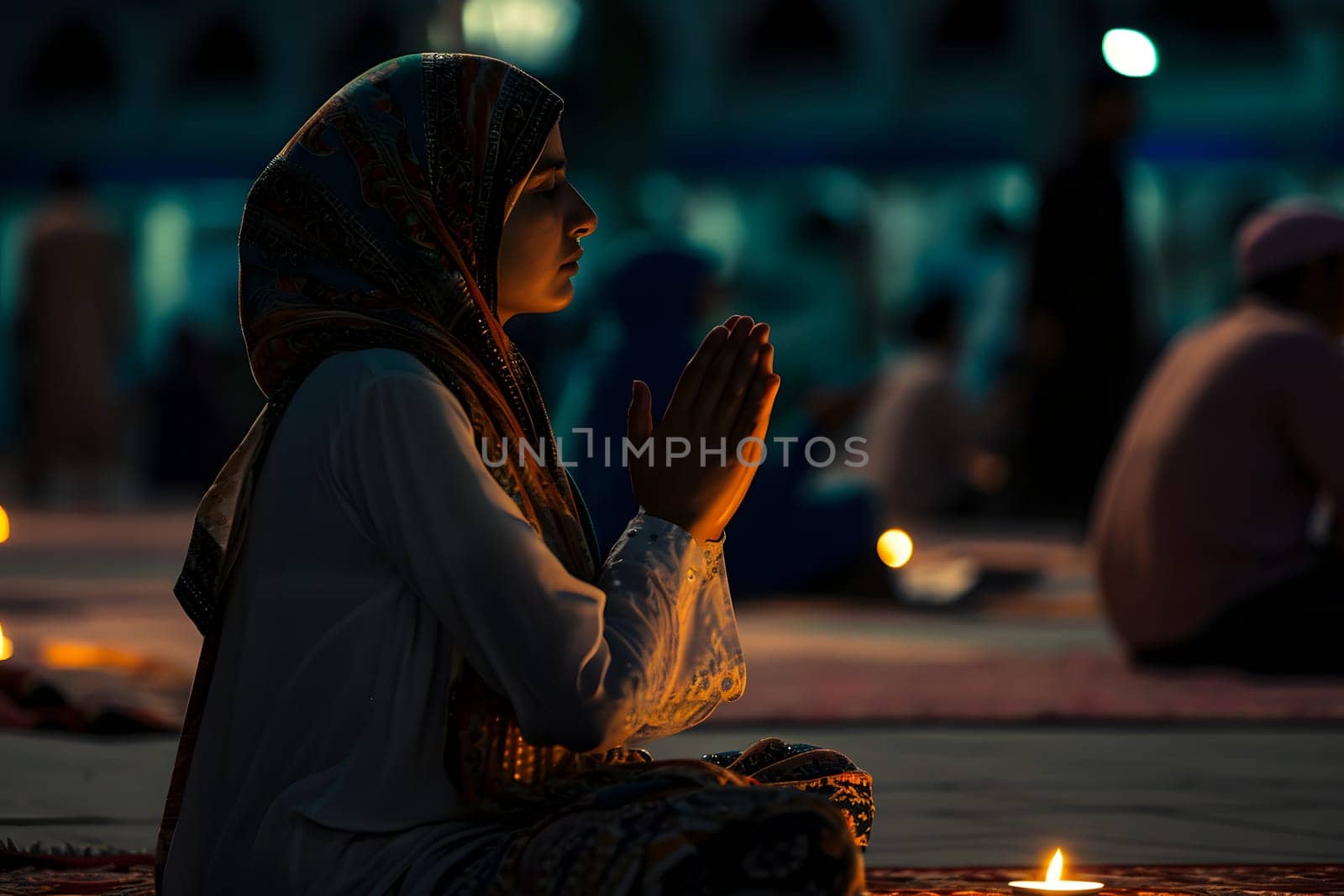 Muslim prayer woman in white clothes sitting in front of mosque at Ramadan night with selective focus. Neural network generated in January 2024. Not based on any actual scene or pattern.