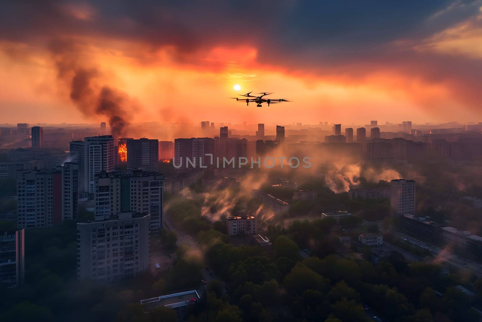 Copter drone over burning city at sunset or sunrise. Neural network generated image. Not based on any actual scene or pattern.