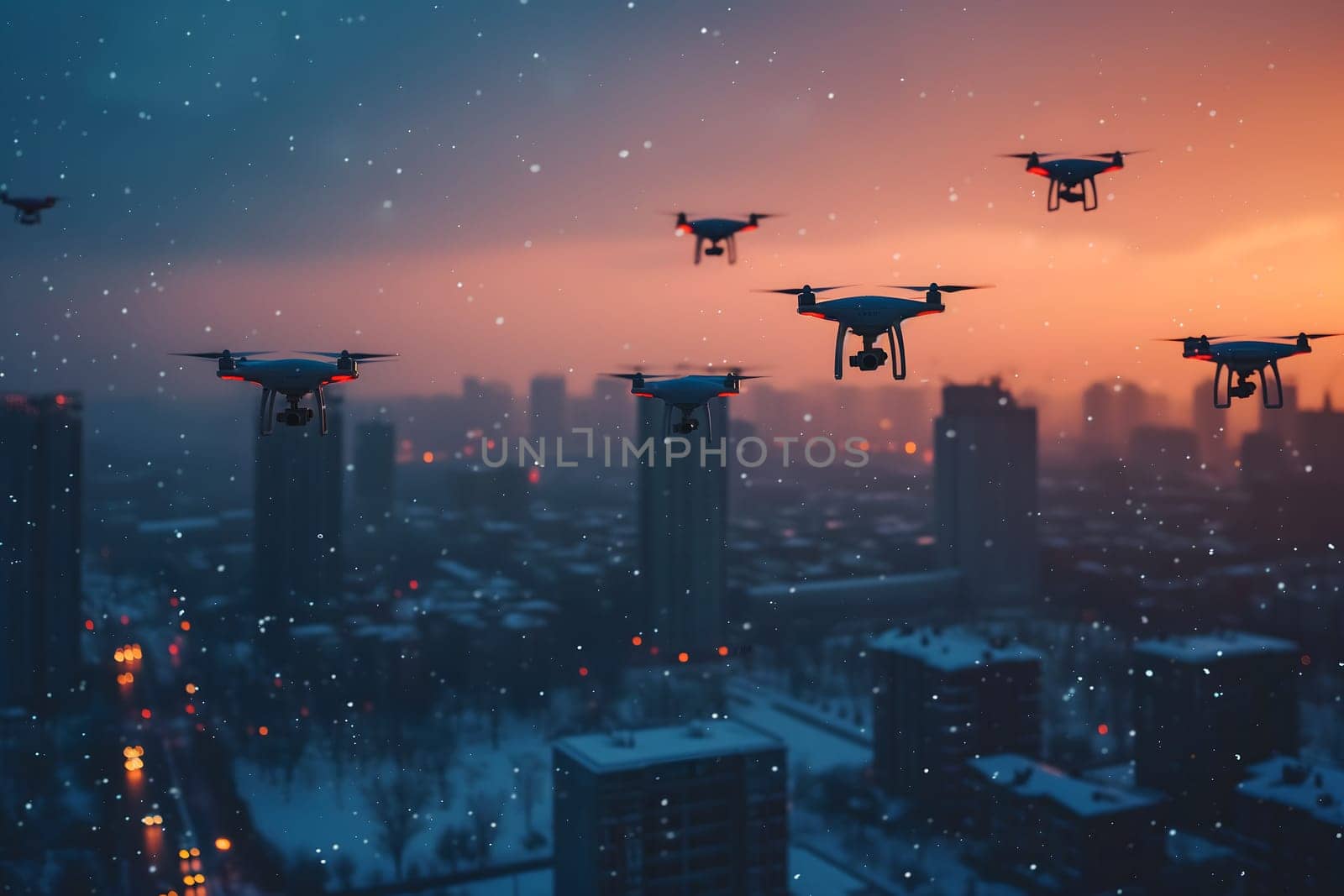 group of drones over city at winter sunset or sunrise. Neural network generated image. Not based on any actual scene or pattern.