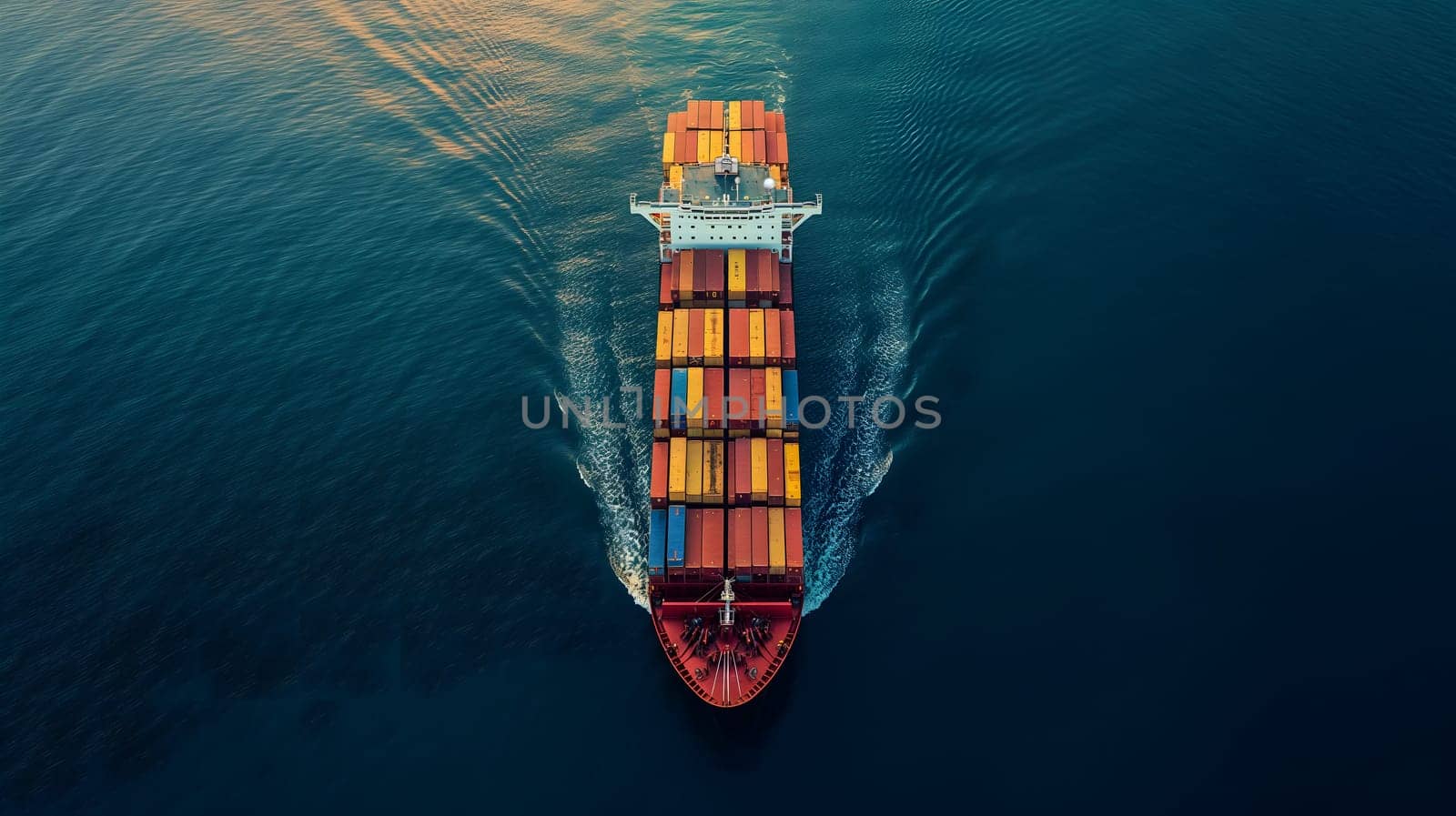 Cargo ship full of standard shipping containers at the sea during shipping at day time. Neural network generated image. Not based on any actual scene or pattern.
