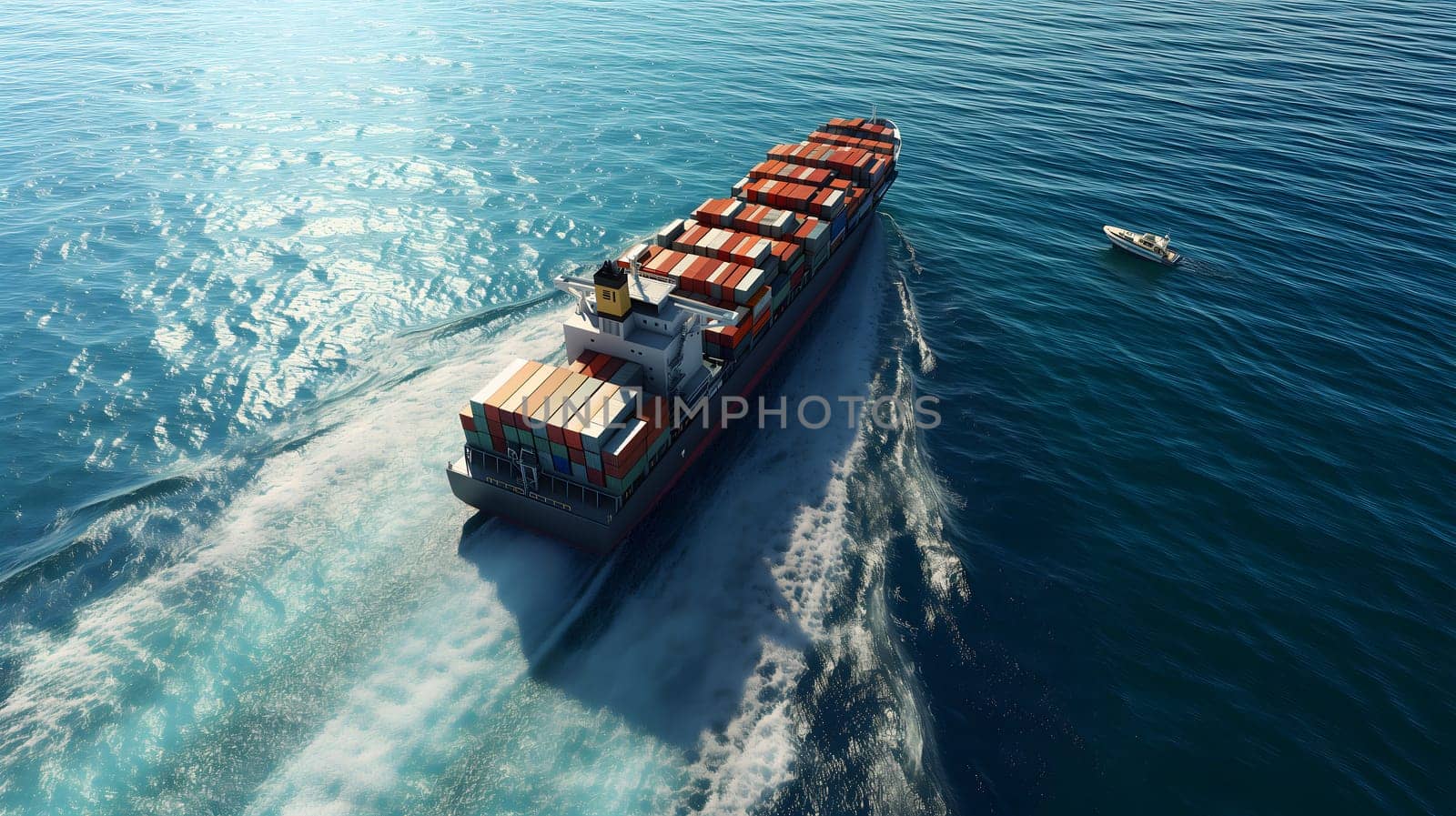 Cargo ship full of standard shipping containers at the sea during shipping at day time. Neural network generated image. Not based on any actual scene or pattern.