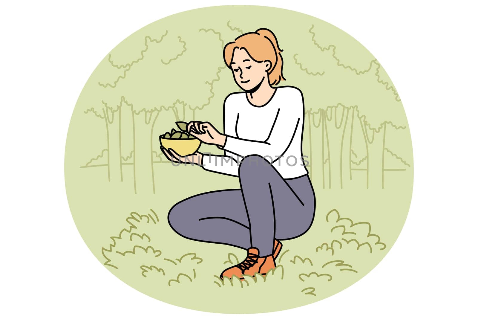 Woman collecting leaves in forest. Happy female gathering plants in wood, putting leaf in basket. Vector illustration.