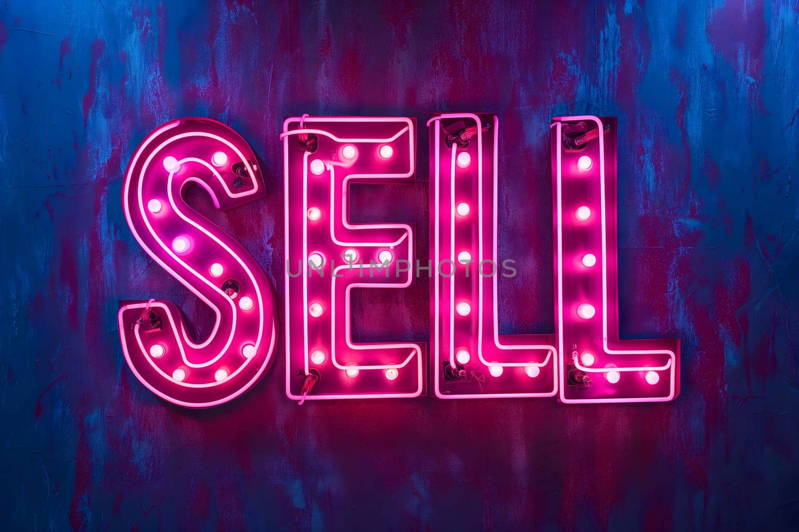 Neon inscription word sell. Neural network generated image. Not based on any actual scene or pattern.