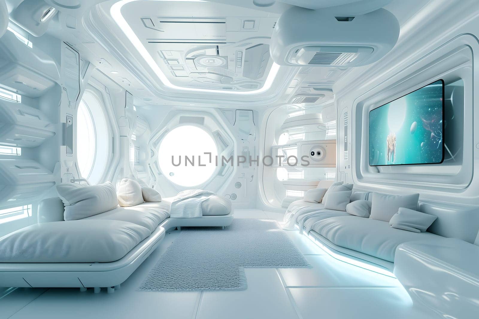 futuristic clean white space station style interior of living room. Neural network generated image. Not based on any actual scene or pattern.