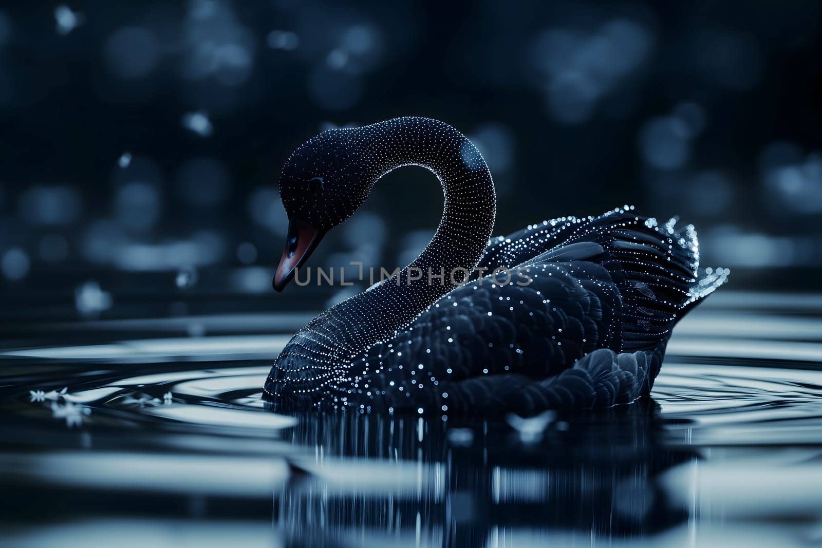 Black swan on water surface, close up. Neural network generated image. Not based on any actual scene or pattern.