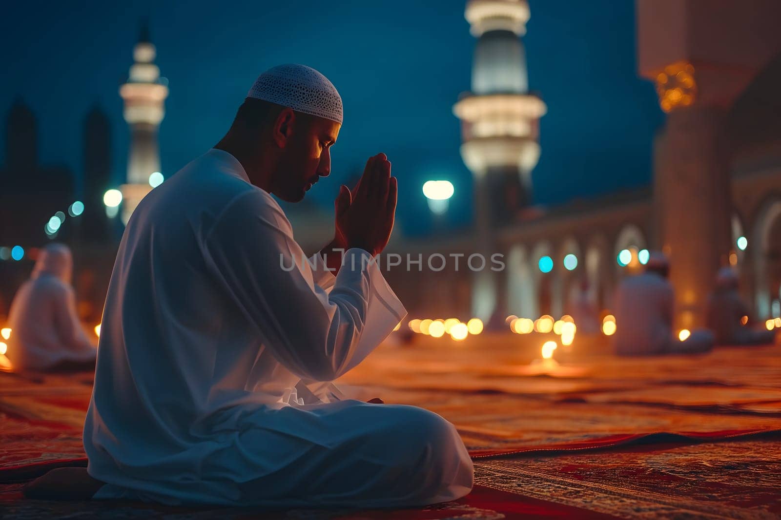 Senior Muslim prayer in white clothes sitting in front of mosque at Ramadan night with selective focus. Neural network generated in January 2024. Not based on any actual scene or pattern.