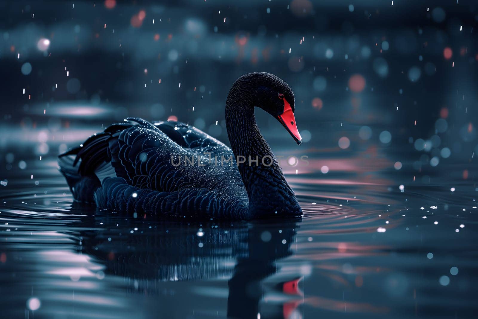 Black swan on water surface, close up. Neural network generated image. Not based on any actual scene or pattern.
