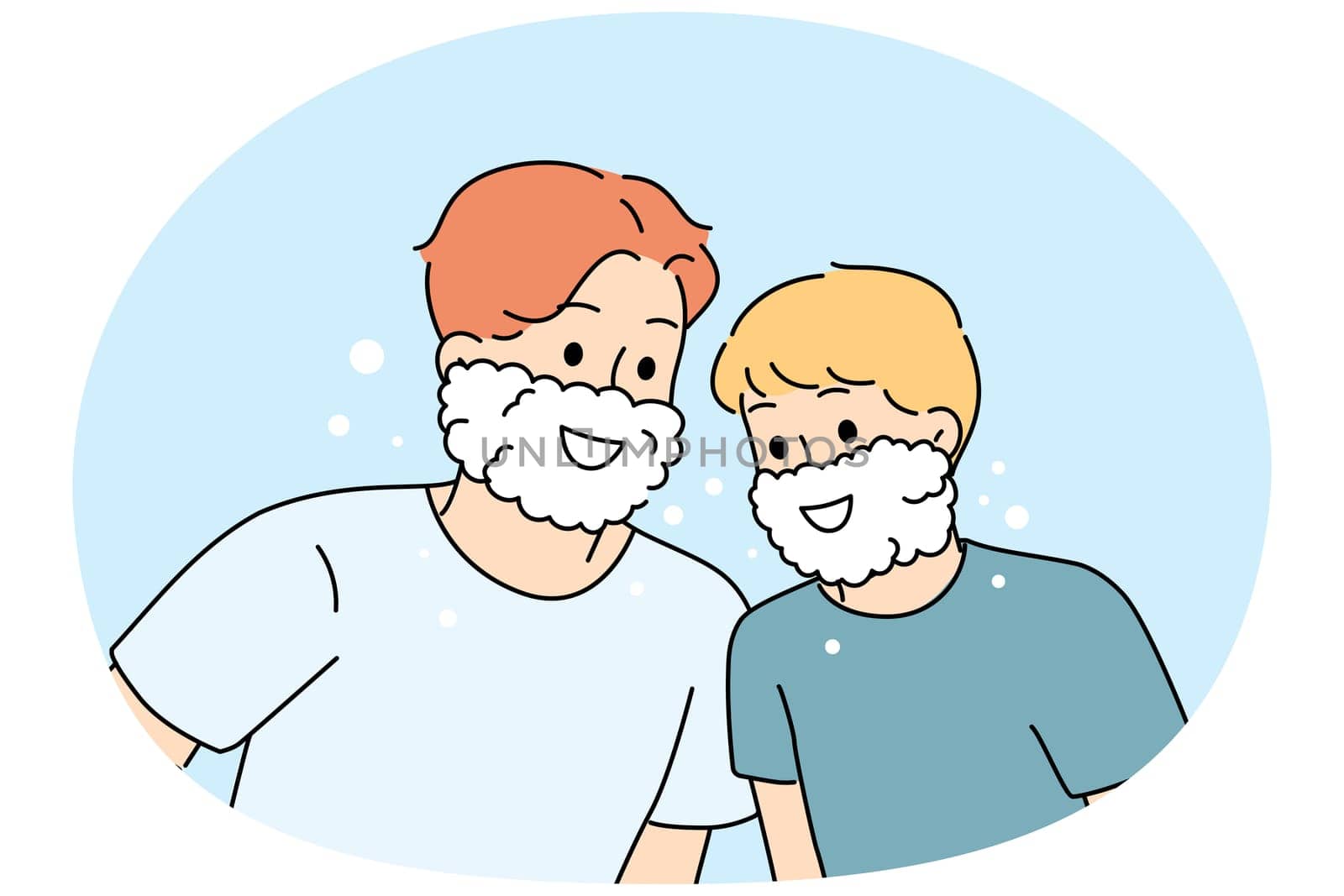 Smiling father and son in foam on face washing in bathroom together. Happy dad teach excited boy child shaving and personal hygiene. Vector illustration.