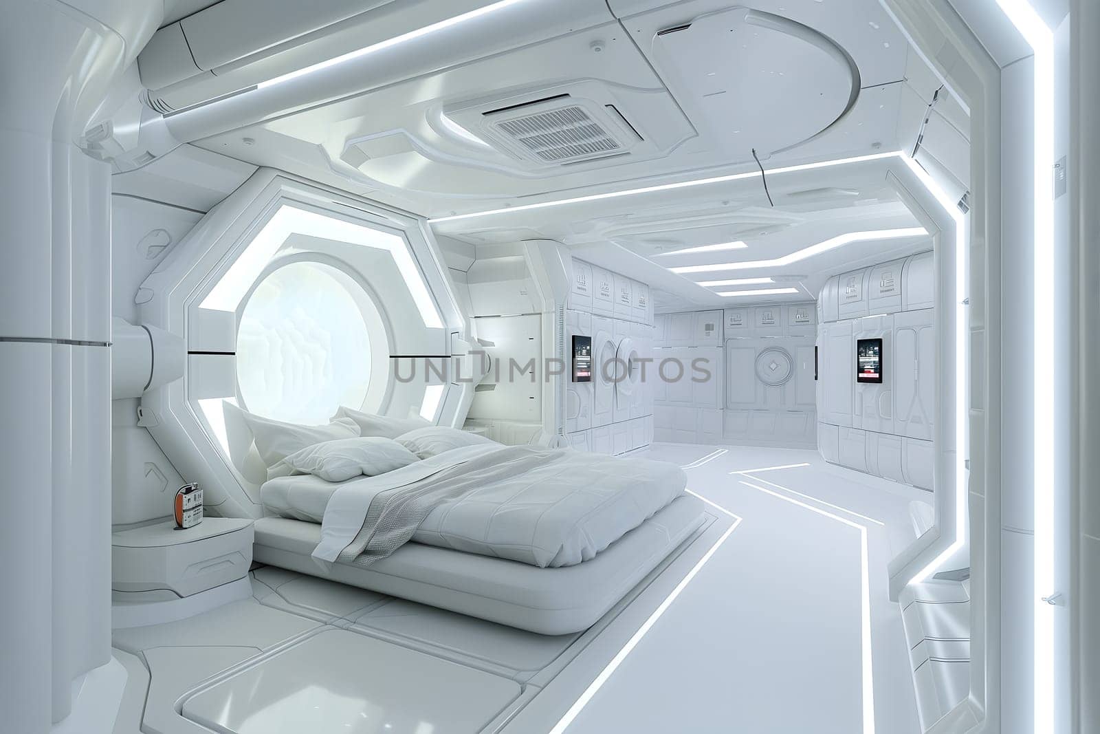 futuristic clean white space station style interior of bedroom. Neural network generated image. Not based on any actual scene or pattern.