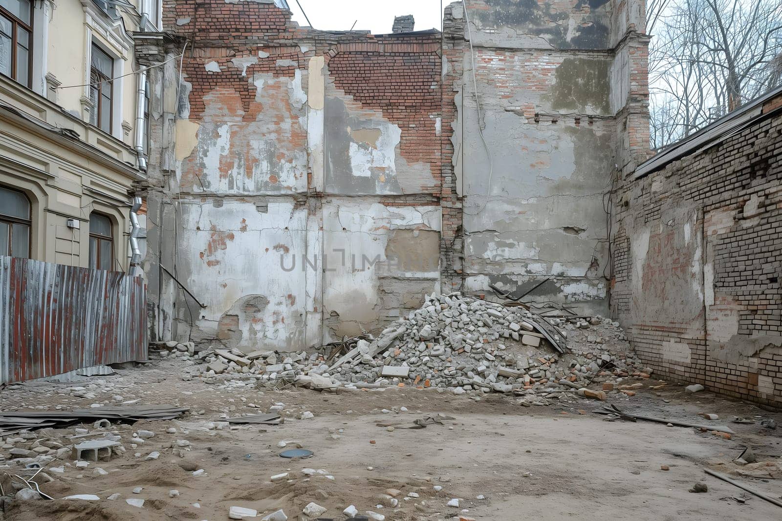 Ruined houses street after war. Neural network generated image. Not based on any actual scene or pattern.