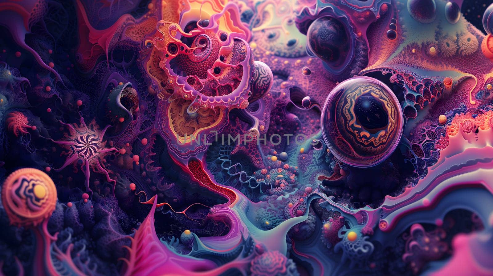 Saturated colorful mad abstract background, random different shapes and objects, hallucinations of ancient shaman after mushroom overdose. Neural network generated image. Not based on any actual scene or pattern.