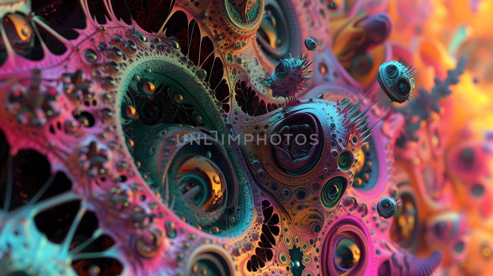 Saturated colorful mad abstract background, random different shapes and objects, hallucinations of ancient shaman after mushroom overdose. Neural network generated image. Not based on any actual scene or pattern.