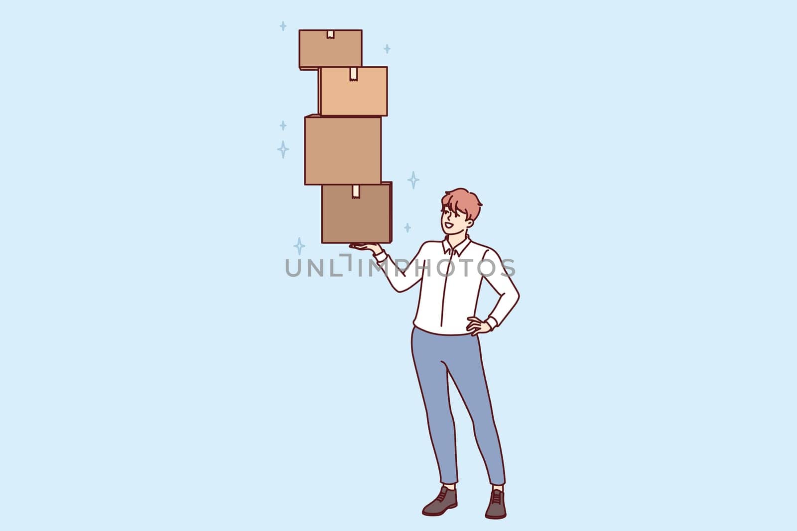 Successful man lifts several cardboard boxes with ease, demonstrating professional skills in fulfillment of goods. Businessman engaged in logistics or storage services and owns fulfillment company