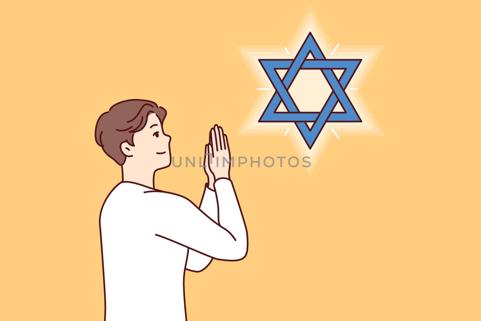 Jewish man teenager prays, looking at star David, observing ritual in preparation for shabbat. Believer guy of jewish origin professes judaism and makes prayer gesture, demonstrating devotion to lord