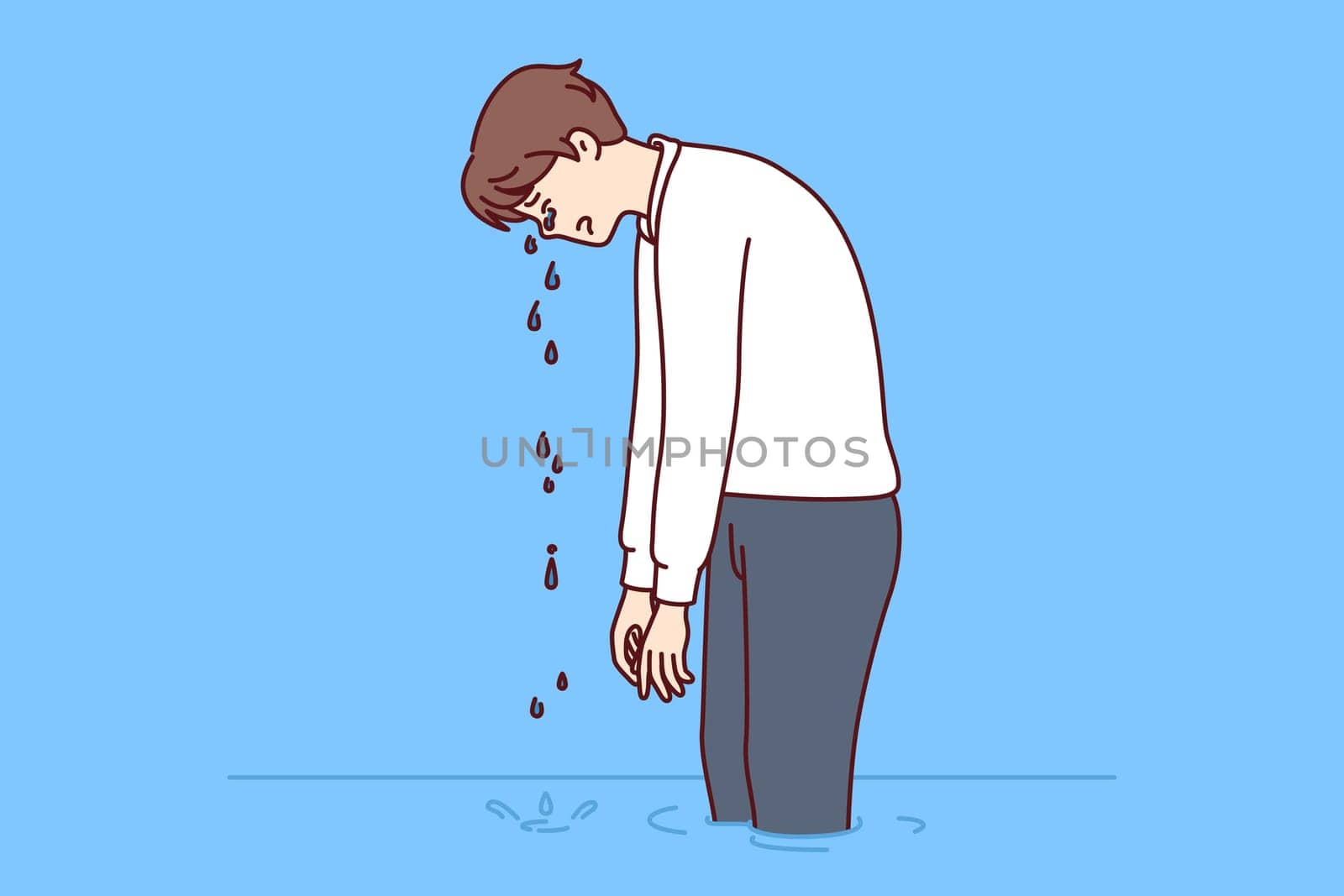 Upset business man cries standing in water, demonstrating depression or learned helplessness. Psychological concept of learned helplessness among company employees resulting from tactical management