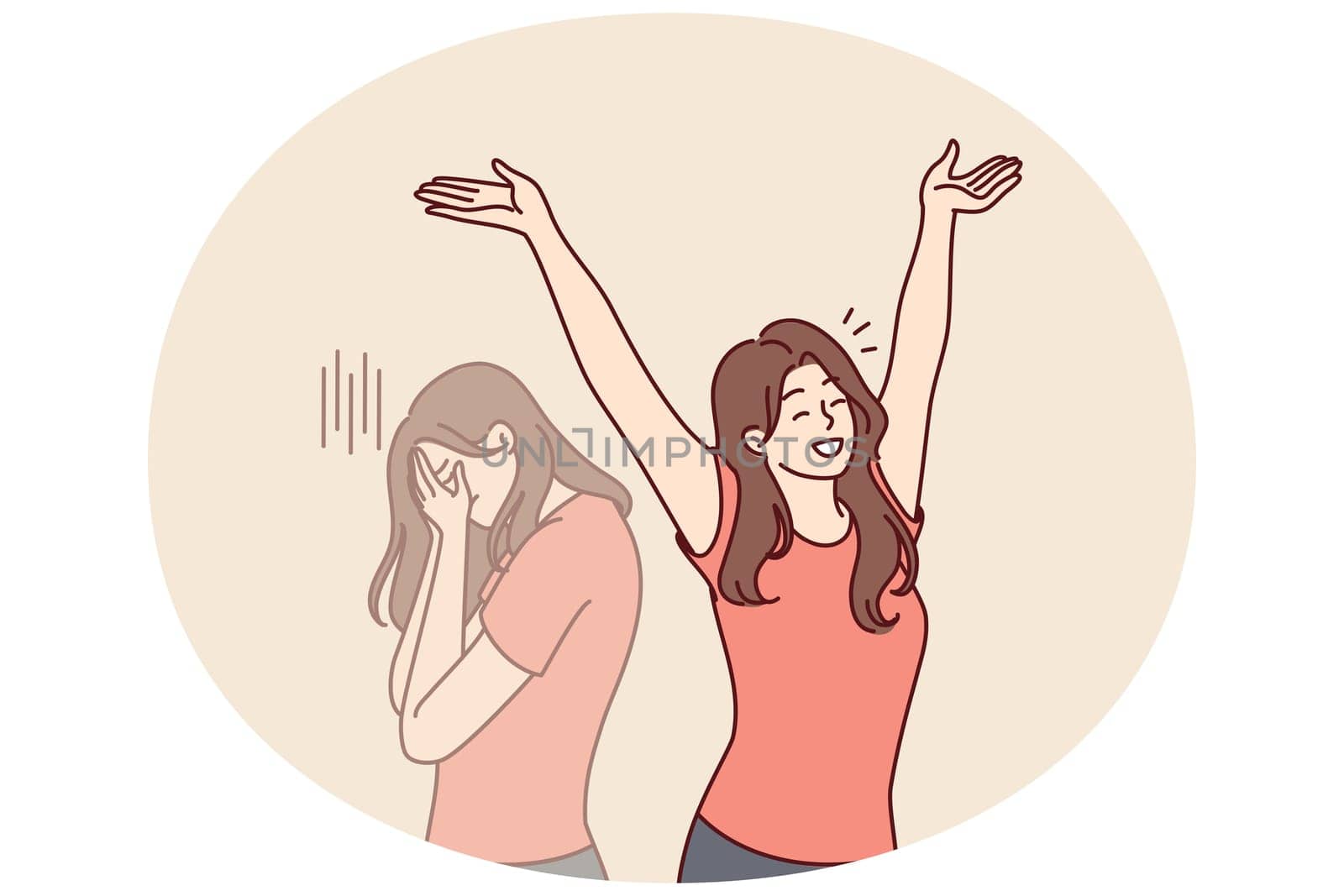 Positive woman raises hands up and rejoices having got rid of bad emotions and depression spoiling mood. Crying doppelganger behind girl for concept of mood swings or split personality