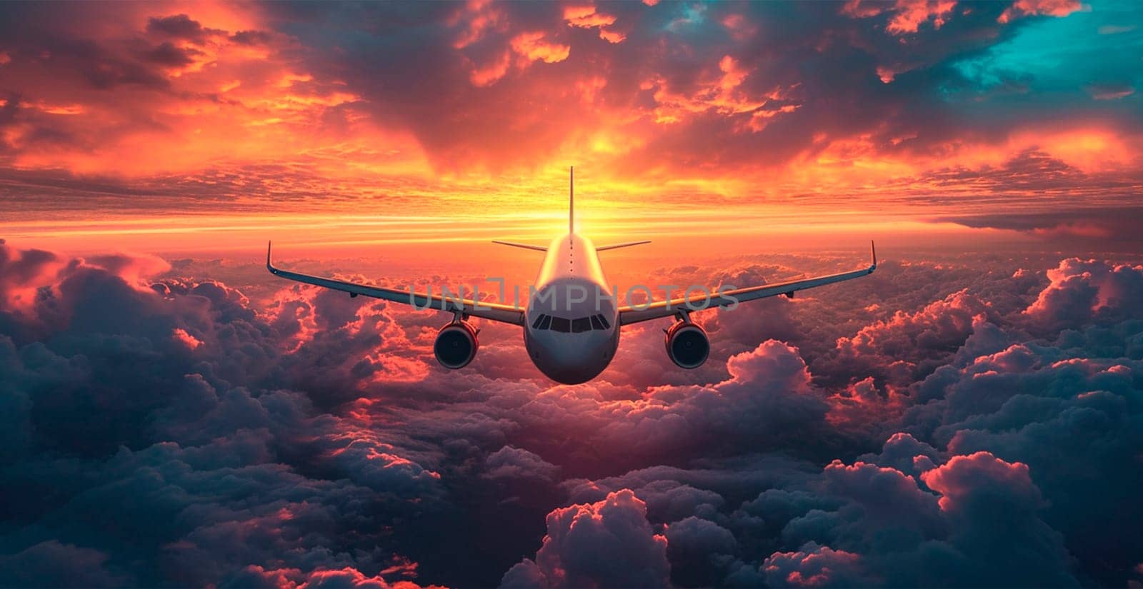 A commercial civil aircraft flies above the clouds in the bright sun. Travel and transport concept AI generated image