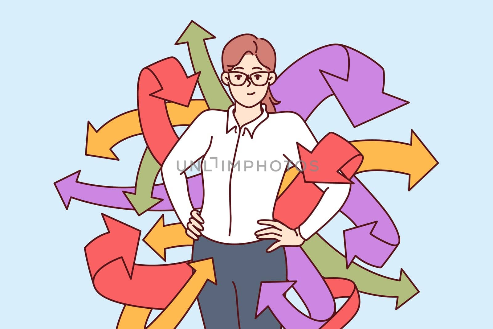 Successful business woman with arrows symbolizing many social connections or ability to multitask. Successful girl manager in formal wear, showing confidence due to having diversified skills