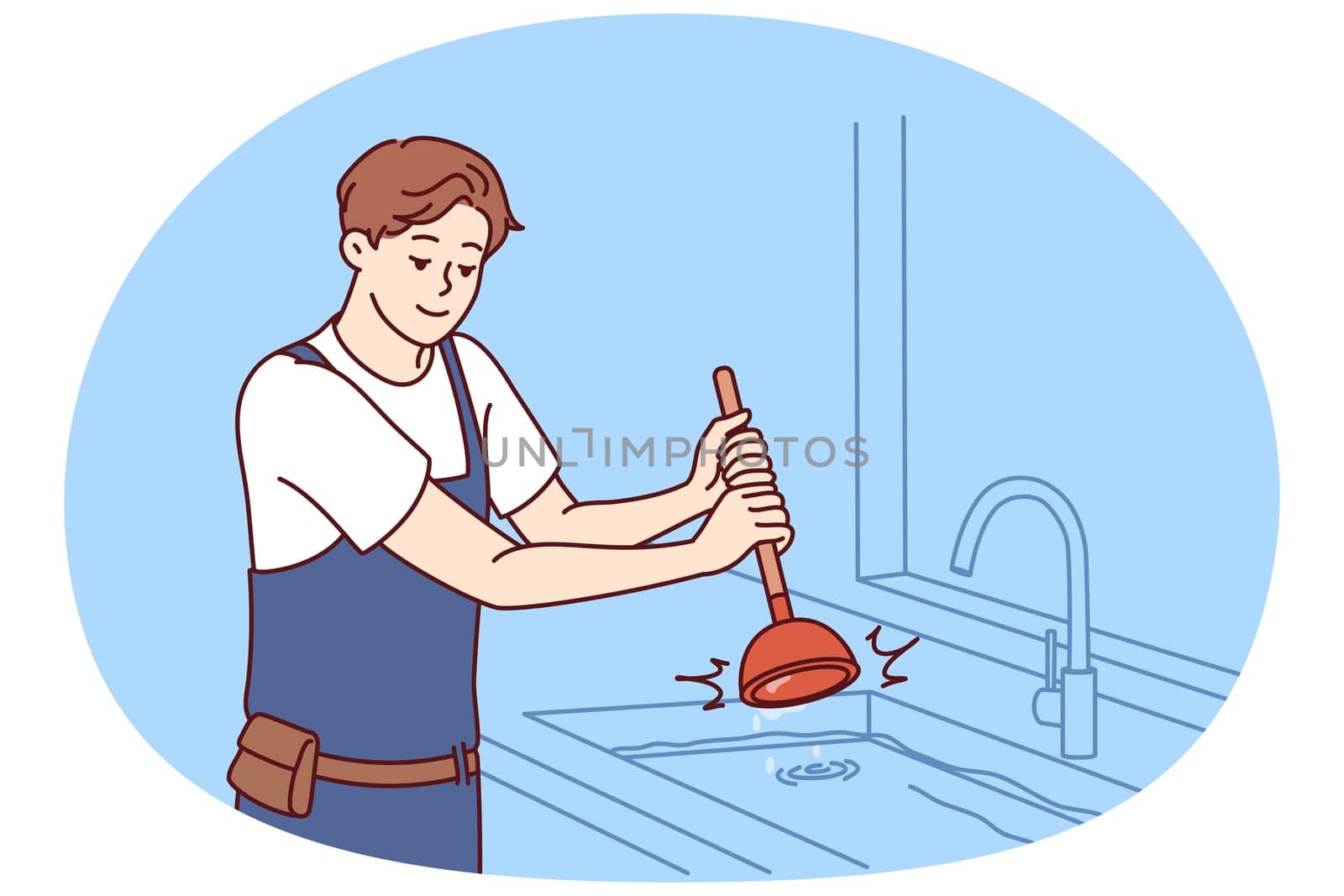 Man plumber uses plunger to clear blockage in sink in kitchen or bathroom. Guy working as plumber is dressed in overalls and is engaged in elimination breakdown associated with debris stuck in pipe