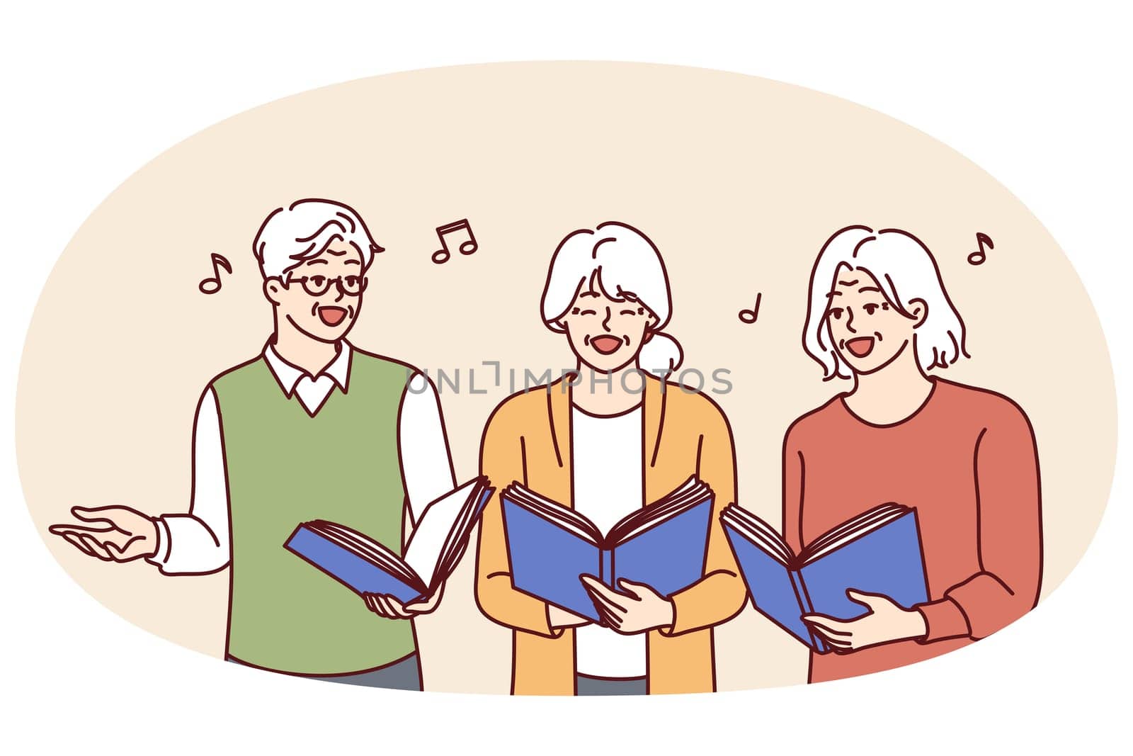 Chorus elderly men and women with workbooks in hands singing song together and enjoying old age. Gray-haired people from ensemble sing doing favorite hobby or giving musical concert