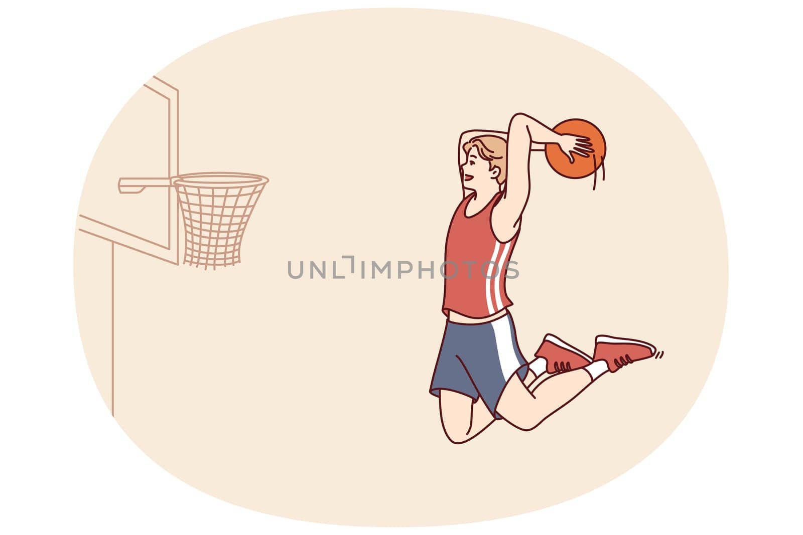 Professional basketball player bounces with ball in hands to score goal in hoop and defeat opposing team. Man basketball player trains wanting to become champion and participate in competitions
