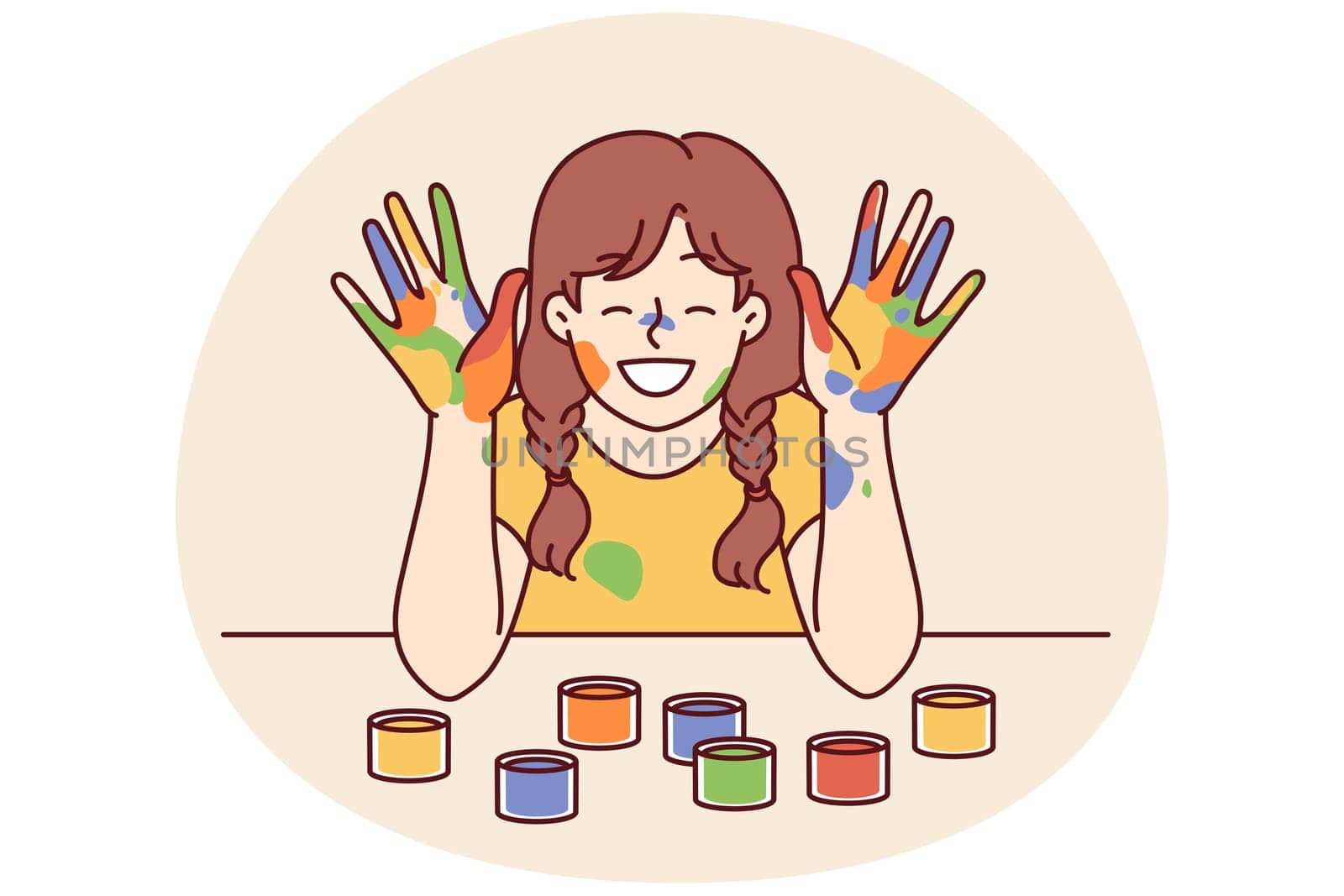 Positive girl with face and palms smeared with multi-colored paint smiles, wanting to become artist or designer. Smiling girl with gouache or watercolor on hands rejoices at school art lesson