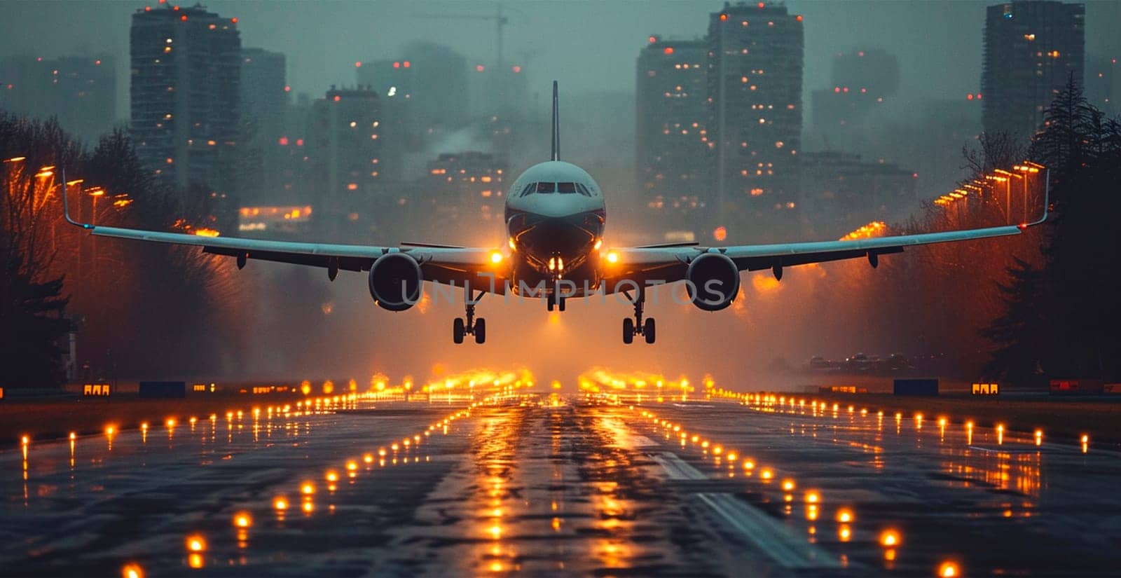 A commercial civil aircraft lands on the runway at the airport. Travel and transport concept AI generated image