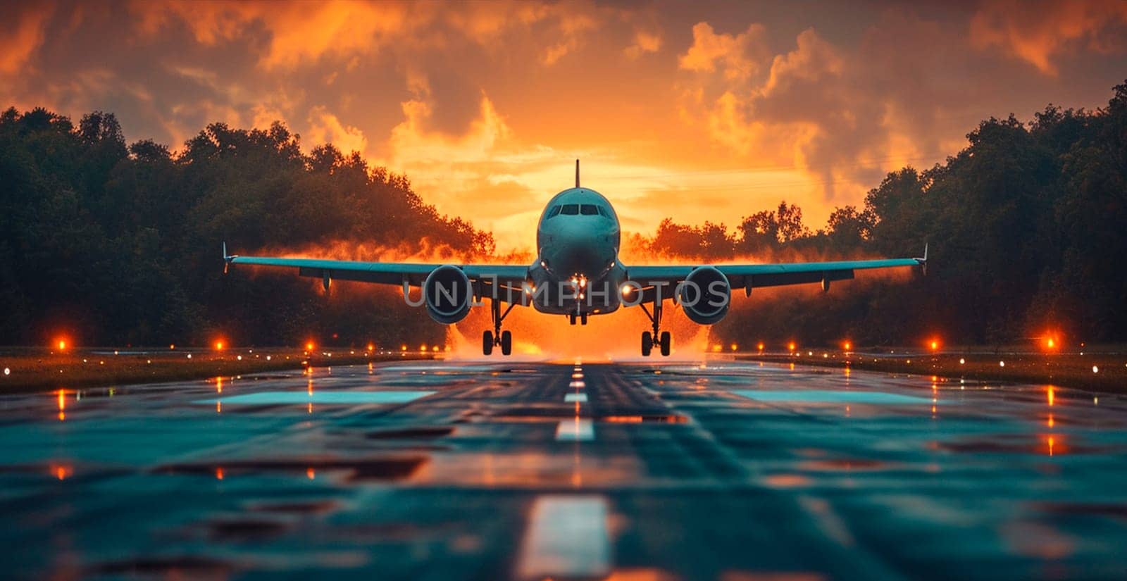 A commercial civil aircraft lands on the runway at the airport. Travel and transport concept AI generated image