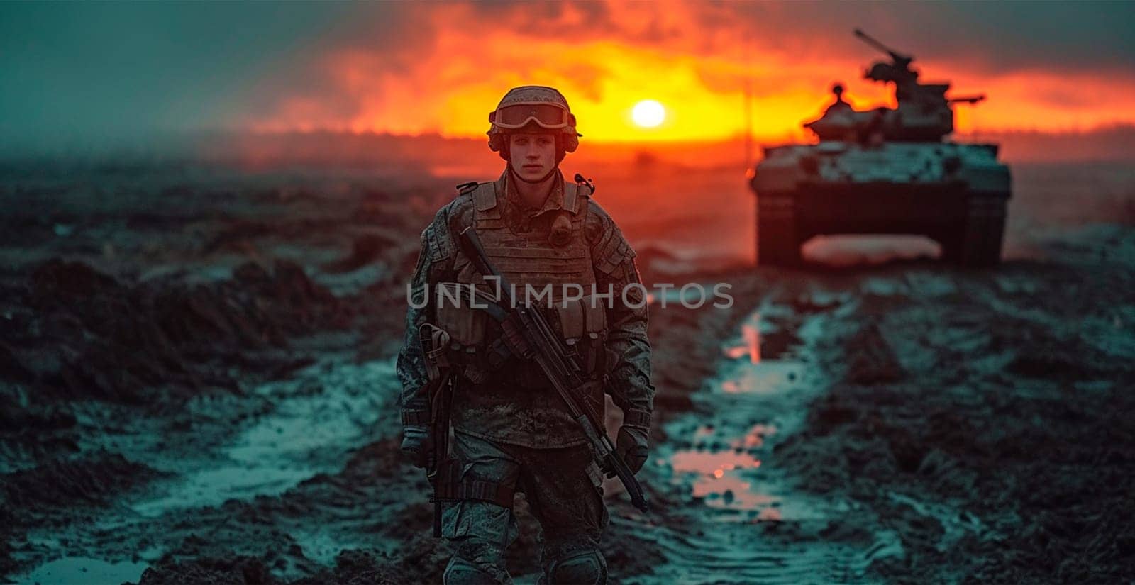Military armored tank, soldier tanker on the battlefield, military conflict AI generated image