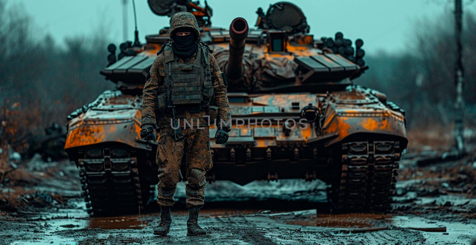 Military armored tank, soldier tanker on the battlefield, military conflict AI generated image