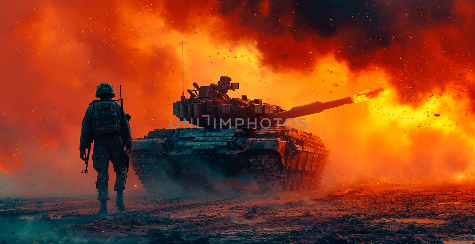 Military armored tank, soldier tanker on the battlefield, military conflict AI generated image