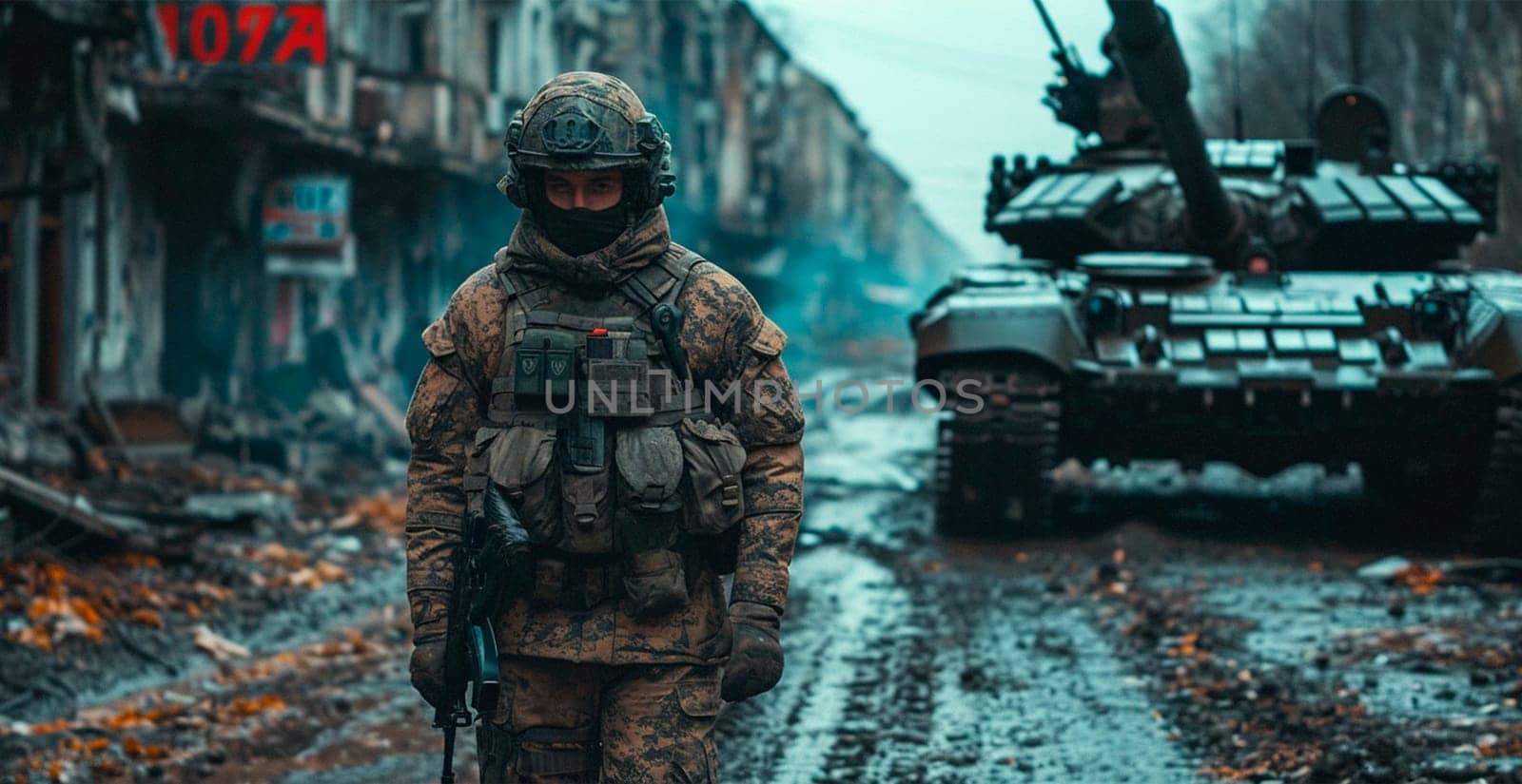 Military armored tank, soldier tanker on the battlefield, military conflict AI generated image